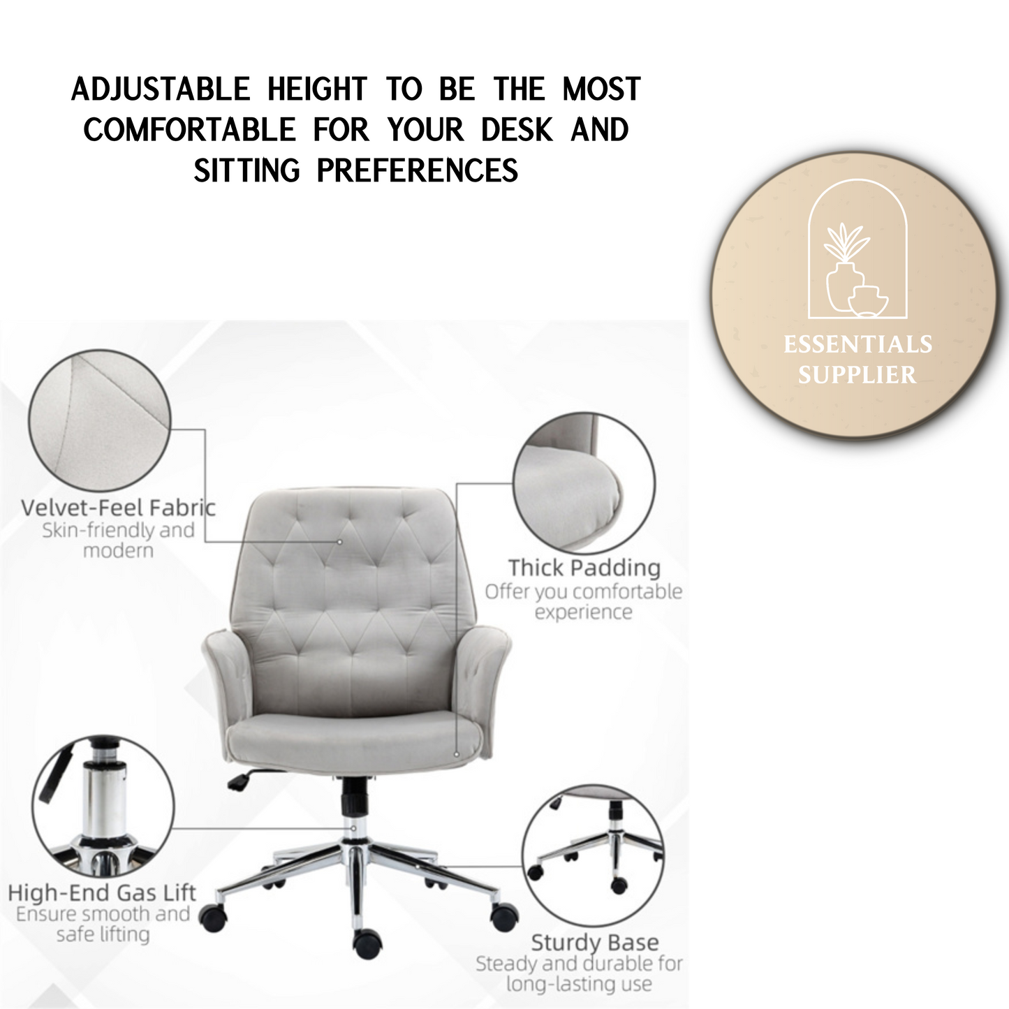 Grey Velvet Office Chair – Adjustable Height with Rocking Back & Armrests