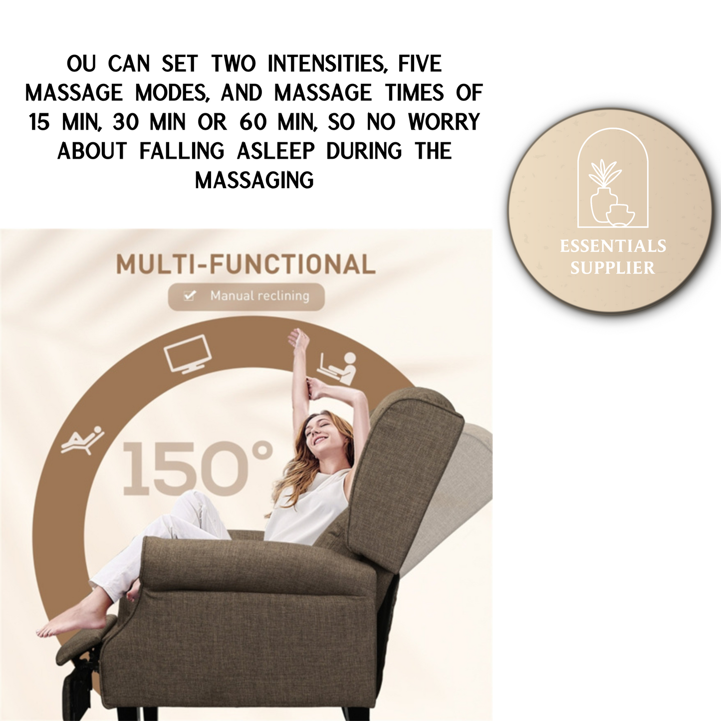 Heated Massage Recliner Chair with Lumbar Support – Manual Pushback, Brown