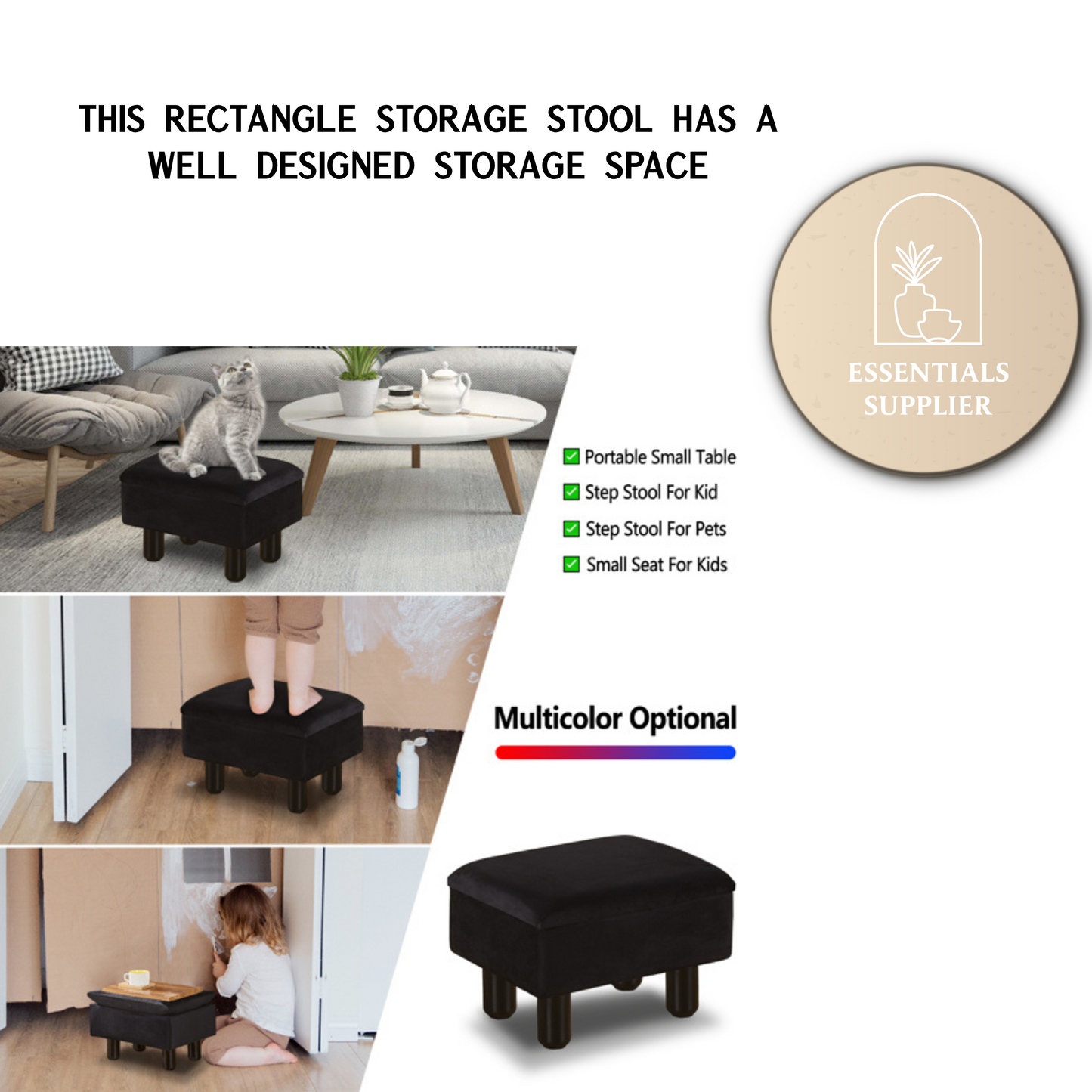 Linen Storage Ottoman Foot Stool – Black Step Seat with Solid Wood Legs