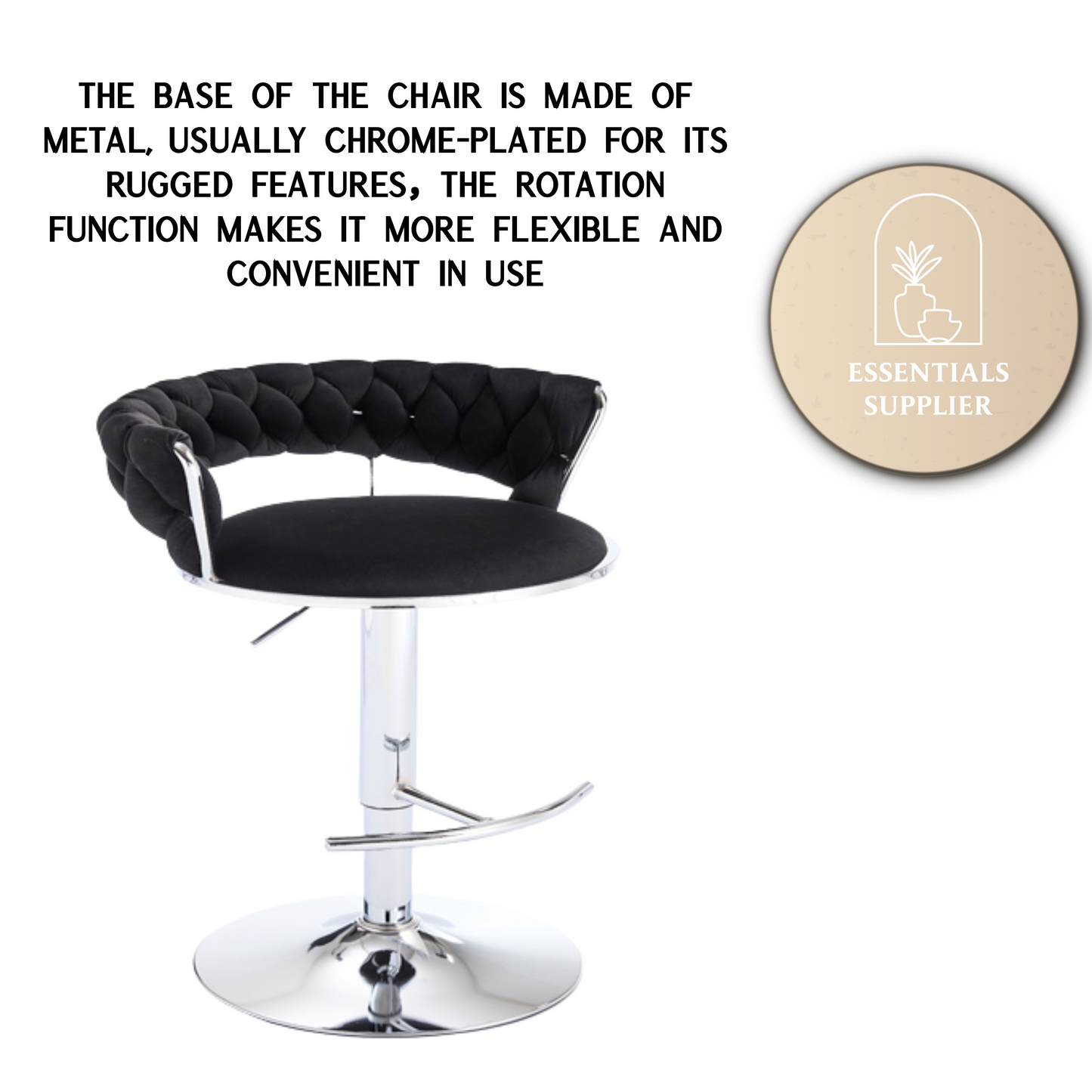 Set of 2 Black Velvet Bar Stools with Chrome Base & Swivel Adjustable Height