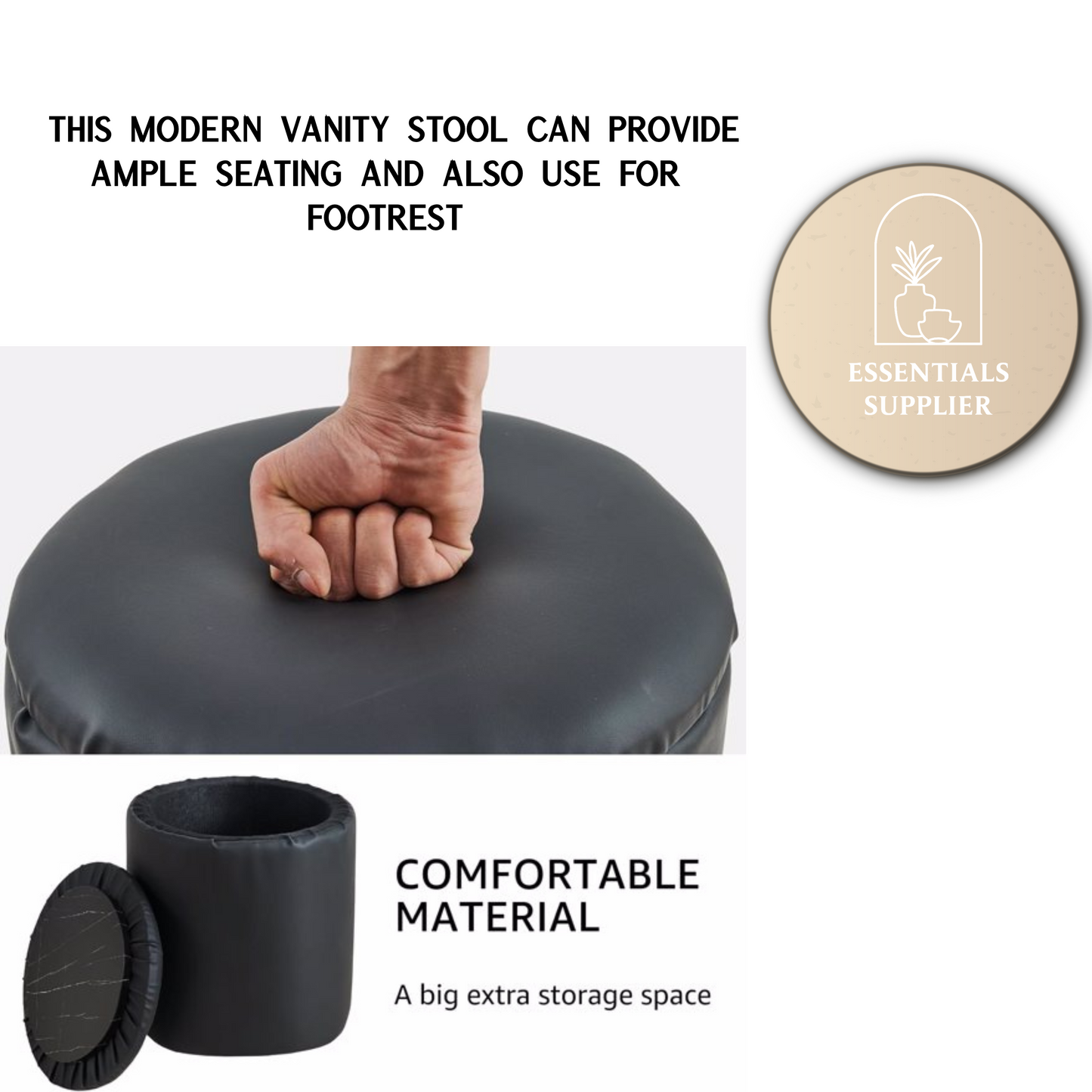 Black Faux Leather Round Storage Ottoman with Removable Lid