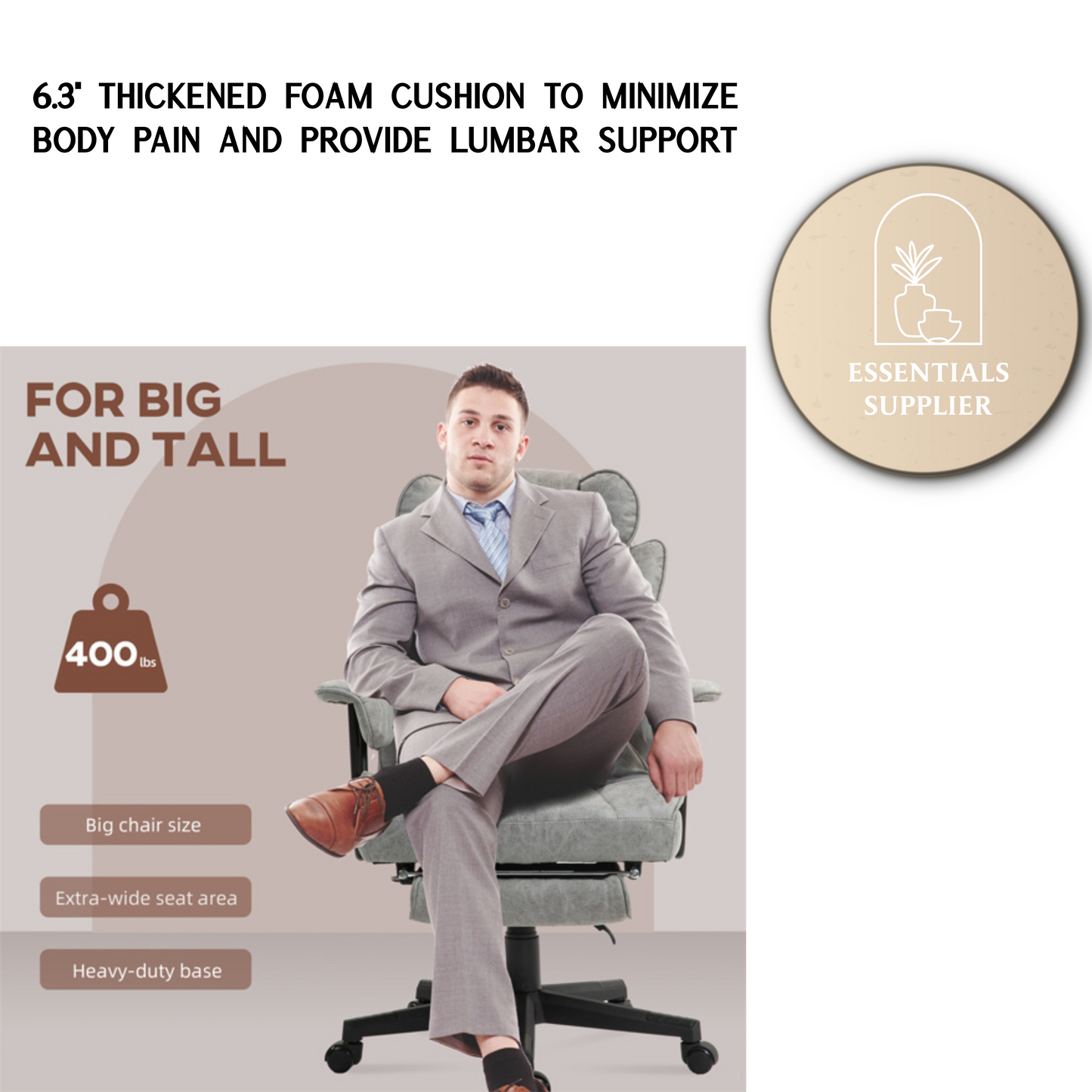 Gray Big & Tall Black Reclining Office Chair with Footrest – 396 lbs Capacity