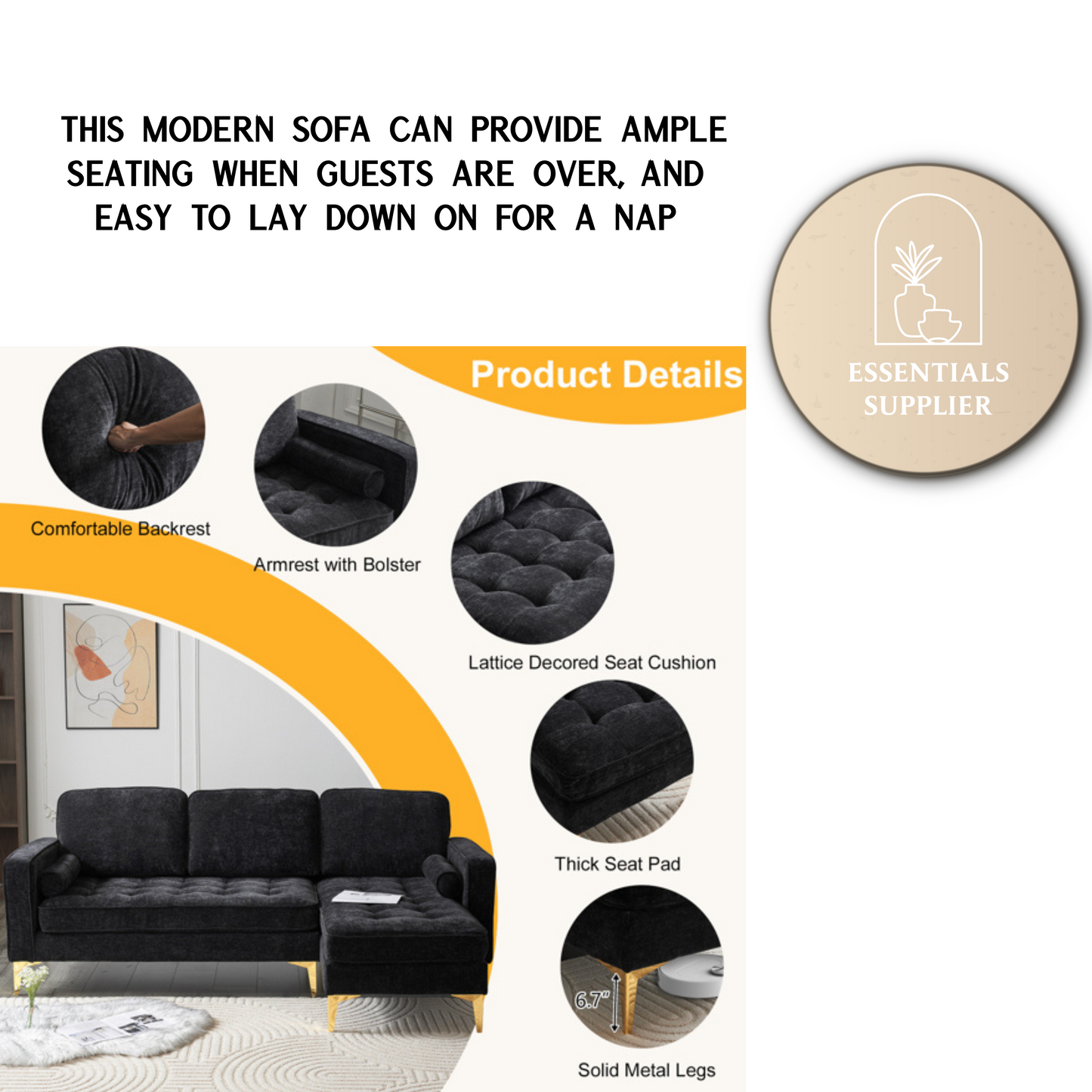 3-Seater Chenille Modular Sofa with Footstool, Gold Legs – Black