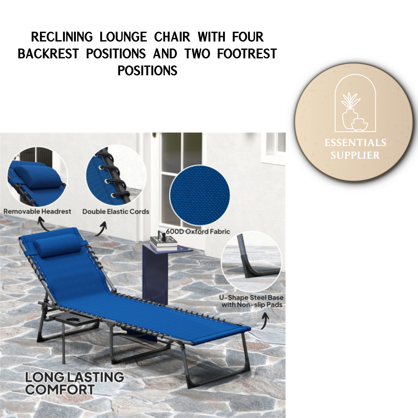 Dark Blue Reclining Foldable Lounge Chair with Pillow & Mesh Fabric