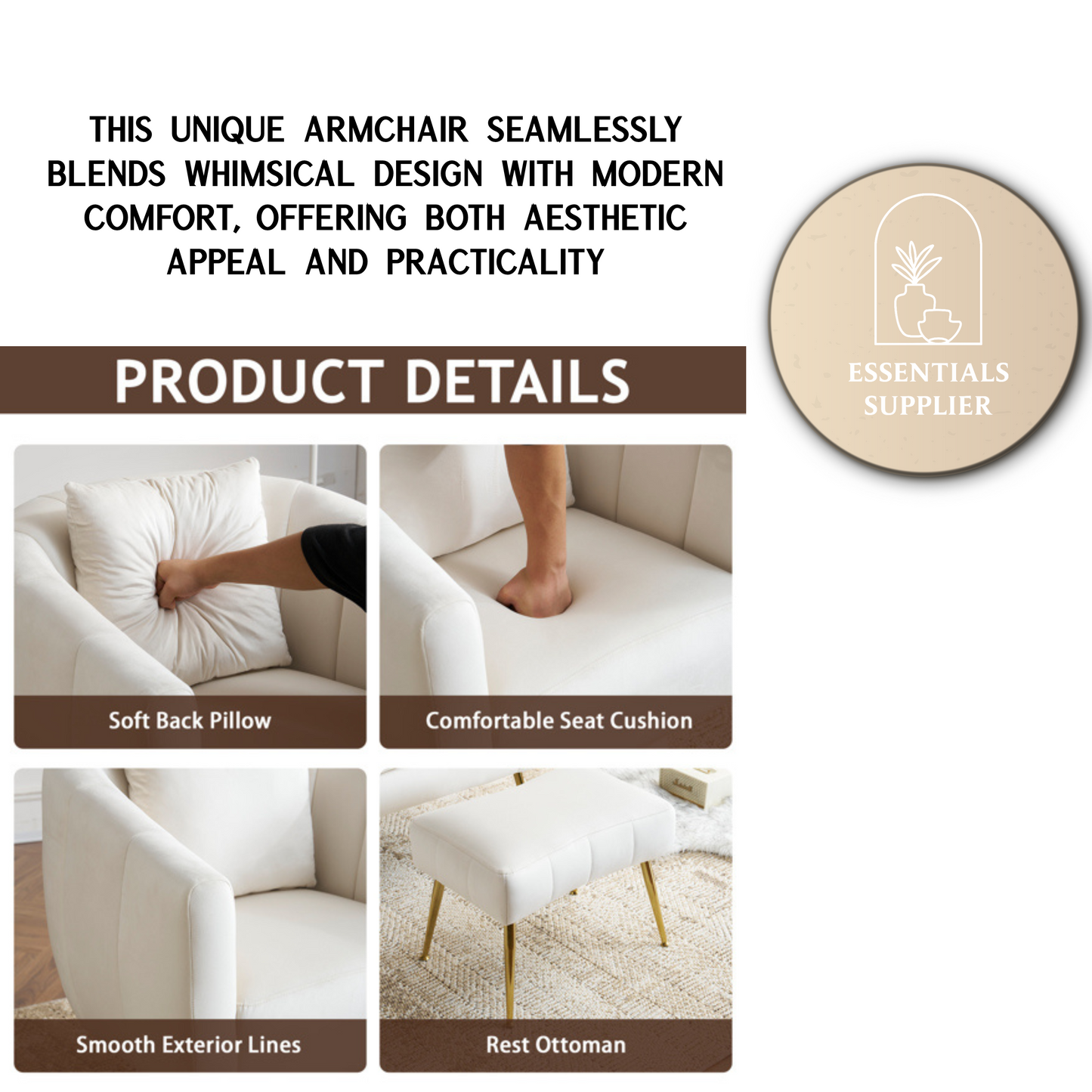 Velvet Barrel Chair with Ottoman & Lumbar Pillow – Off White Accent Set