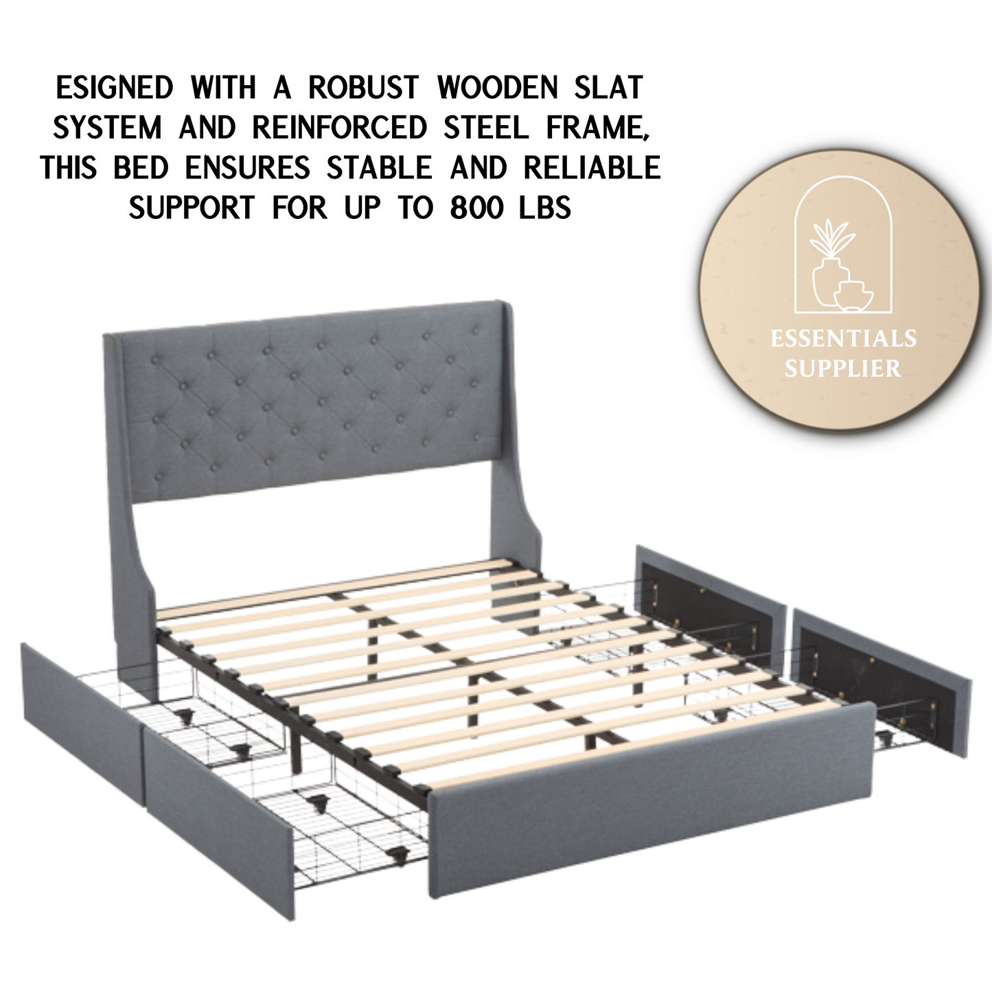 Queen Upholstered Storage Bed Frame with 4 Drawers & Wingback Tufted Headboard