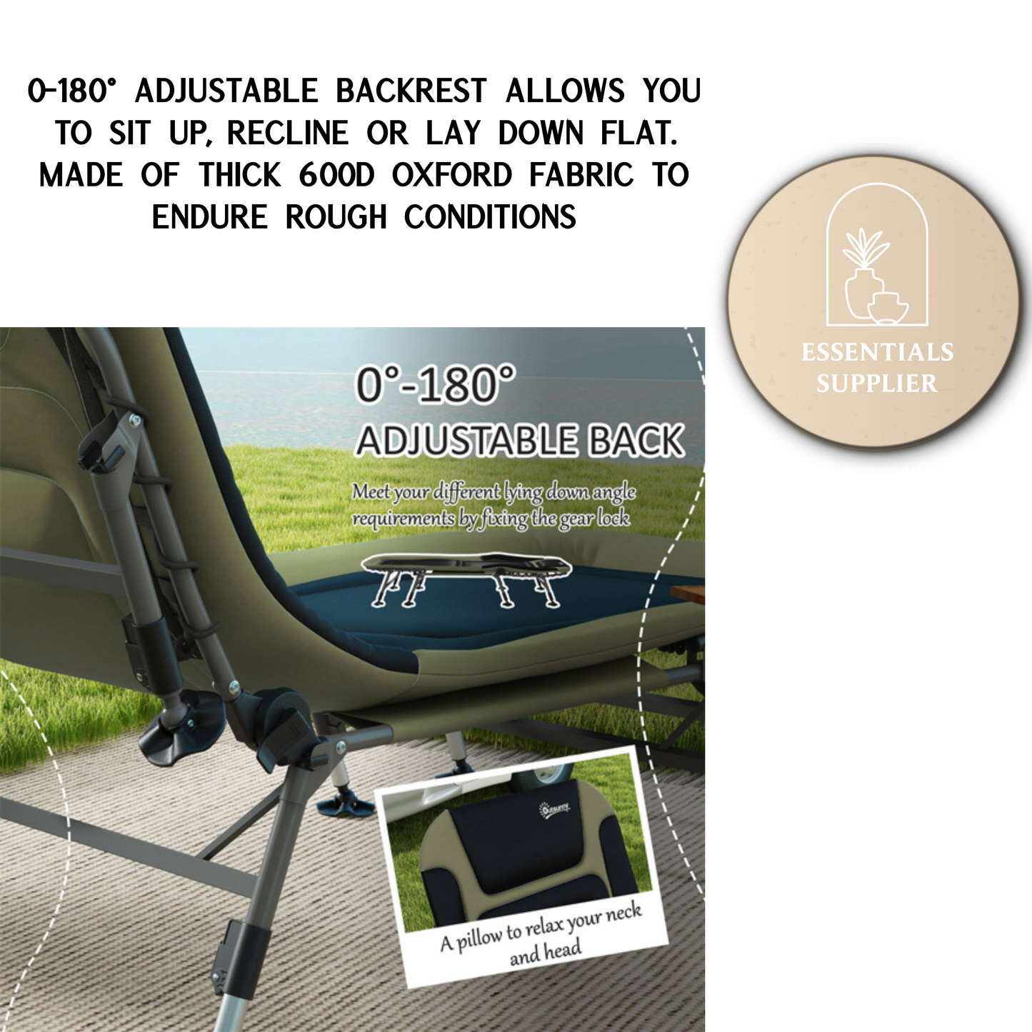 Adjustable Reclining Camping Cot with Pillow & 396 lbs Weight Capacity