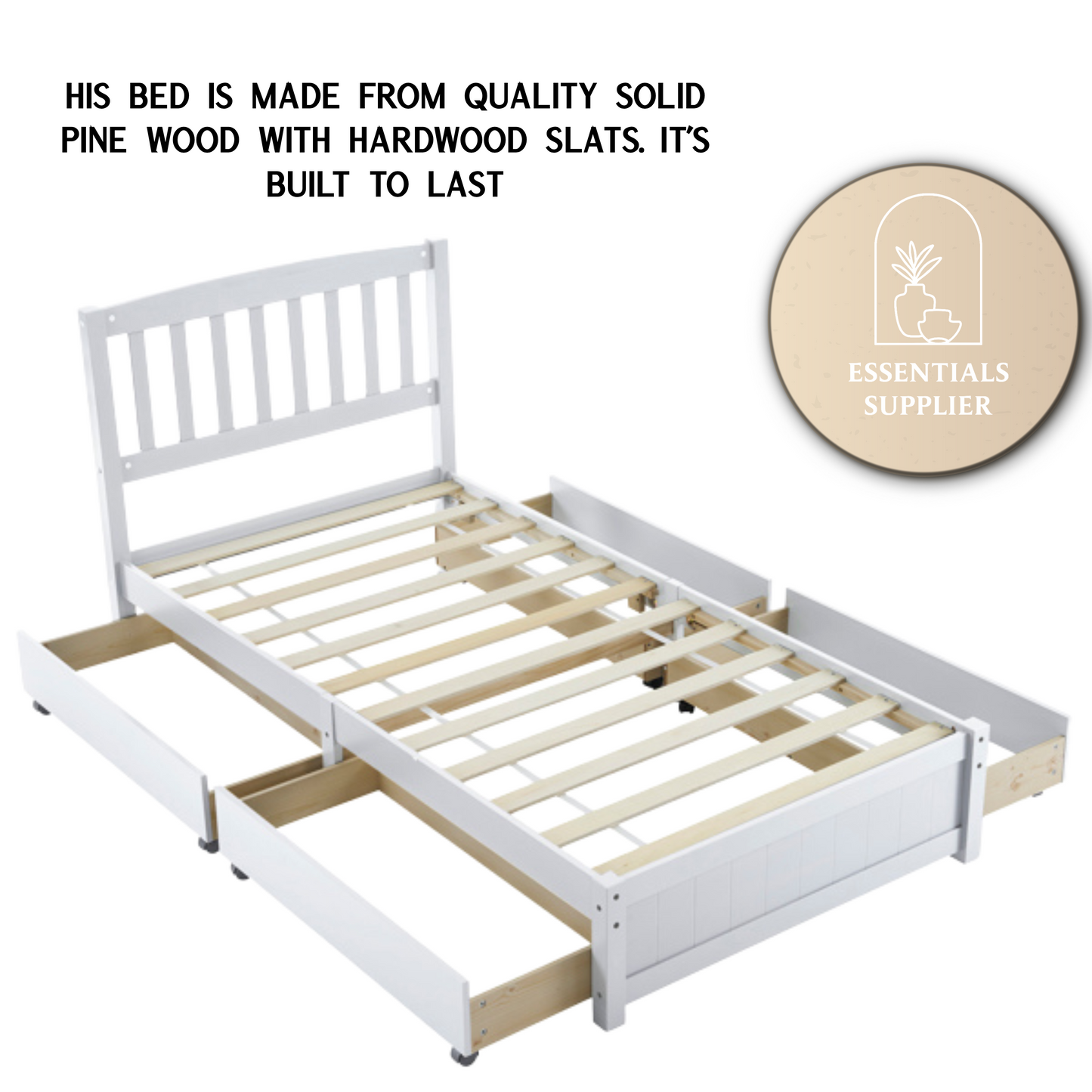 Twin Pine Wood Platform Bed with 4 Storage Drawers & Curved Headboard – White