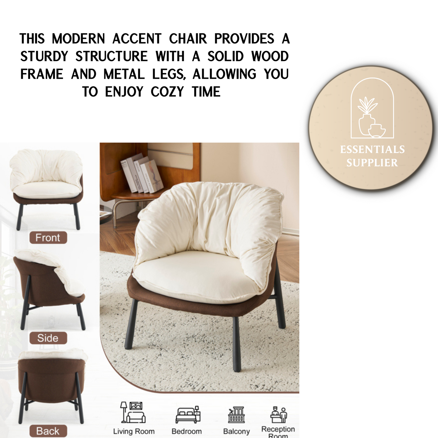 Modern Velvet Barrel Accent Chair with Metal Legs – Off-White Armchair
