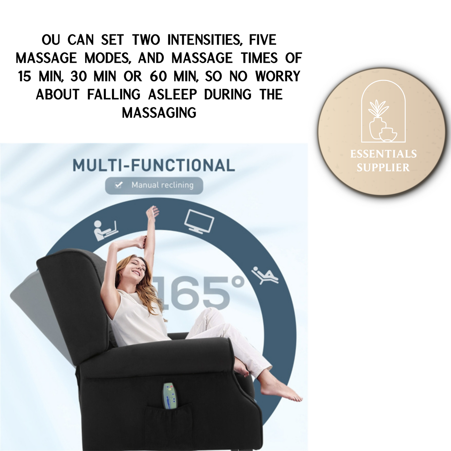 Heated Massage Recliner Chair with Lumbar Support – Manual Pushback, Black