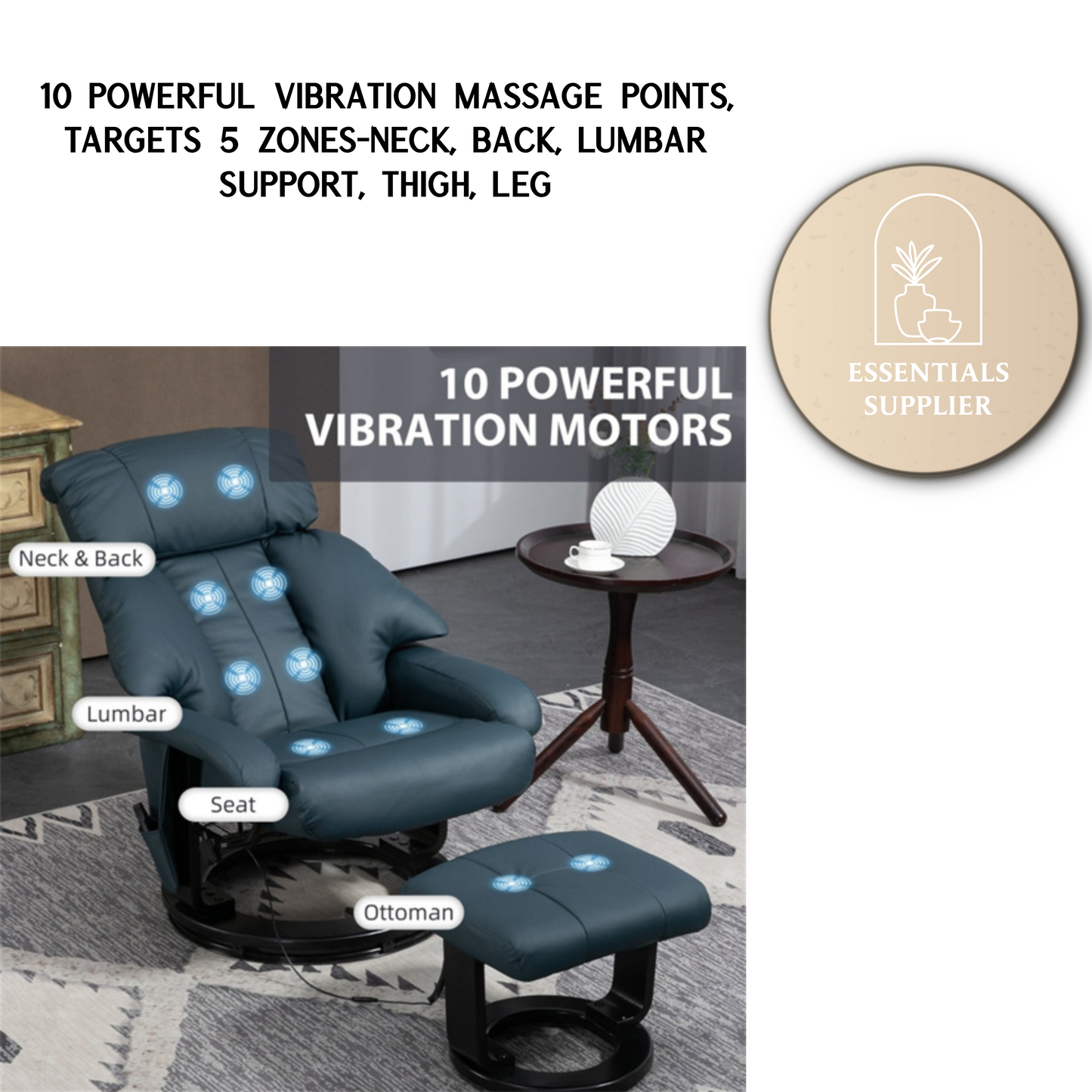 PU Leather Massage Recliner Chair with Ottoman & Remote, Blue