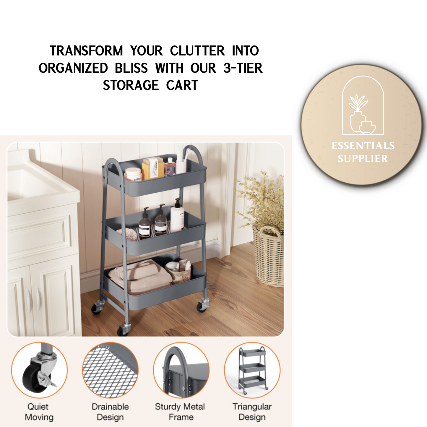 3-Tier Rolling Metal Utility Cart – Storage Organizer for Home & Office