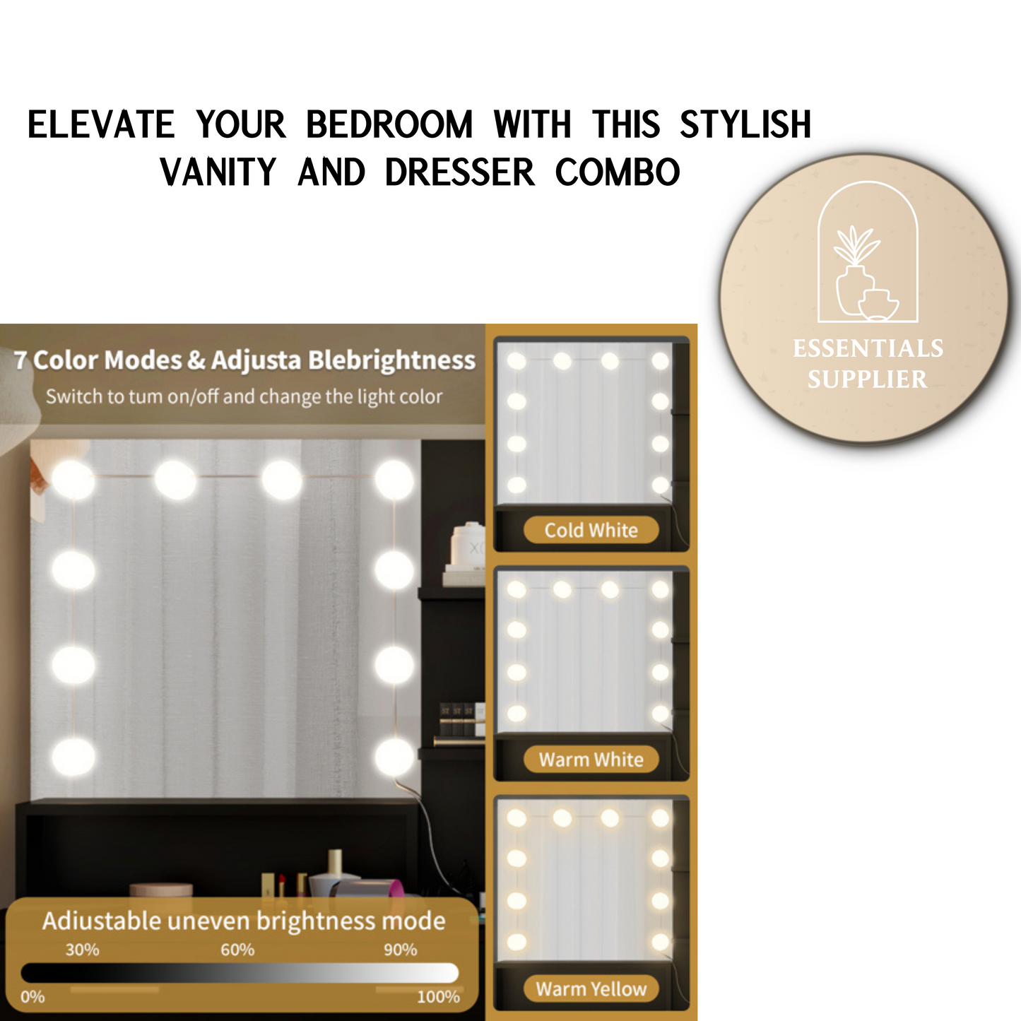 Large Vanity Table with Mirror, LED Lights, Drawers & Charging Station