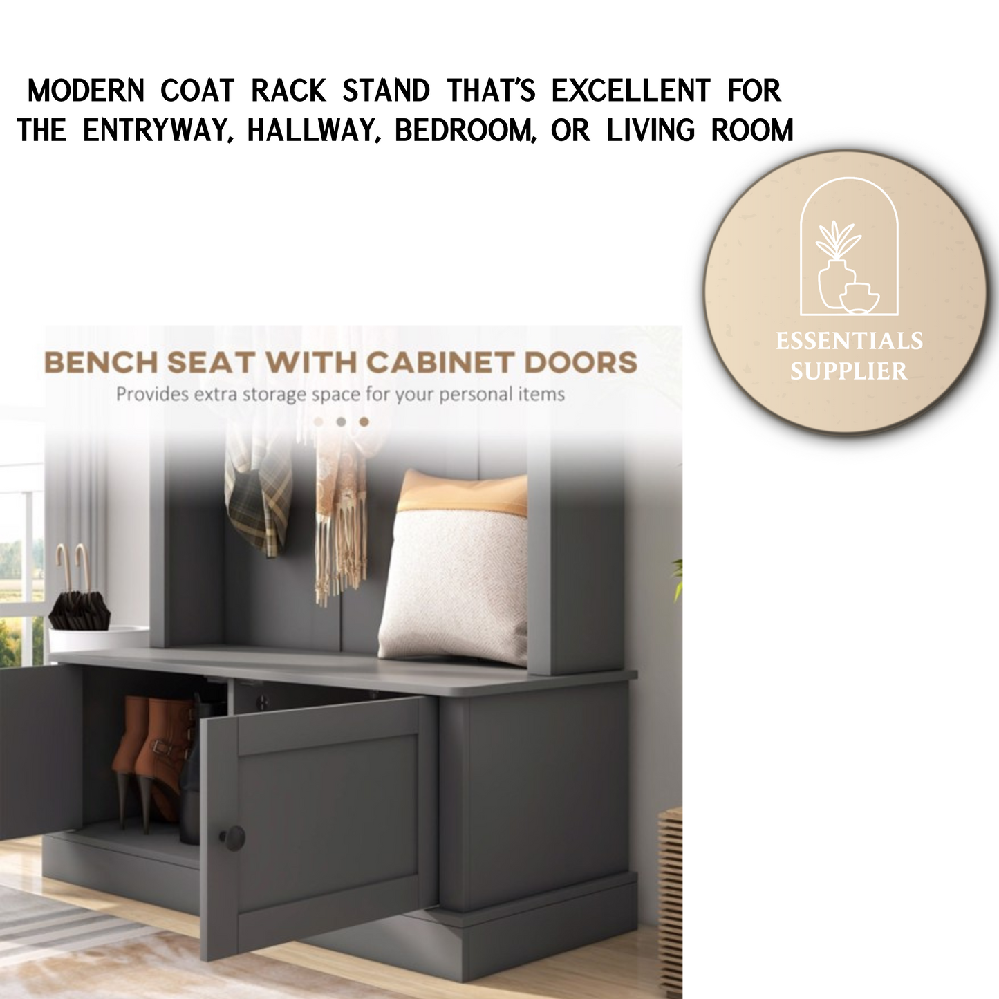 Gray Entryway Hall Tree with Storage Cabinet, Bench & Coat Rack