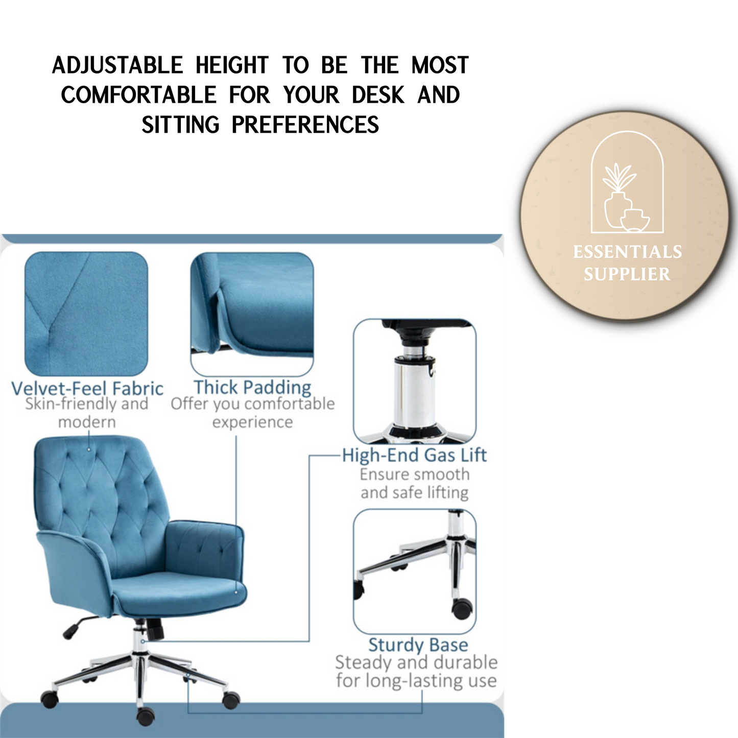 Blue Velvet Office Chair – Adjustable Height with Rocking Back & Armrests