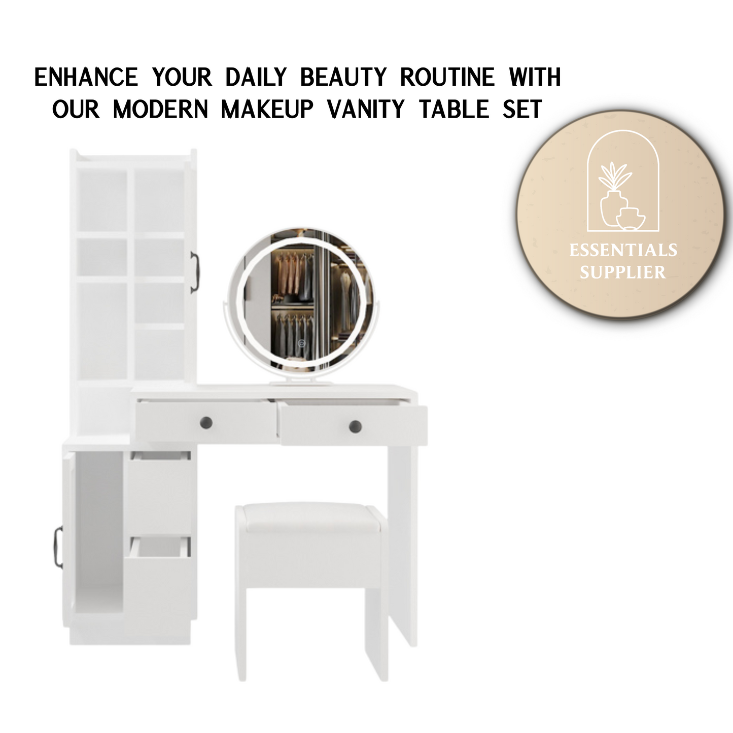 Modern Vanity Table Set w/ LED Mirror, Side Cabinet & Outlets, 3 Lights