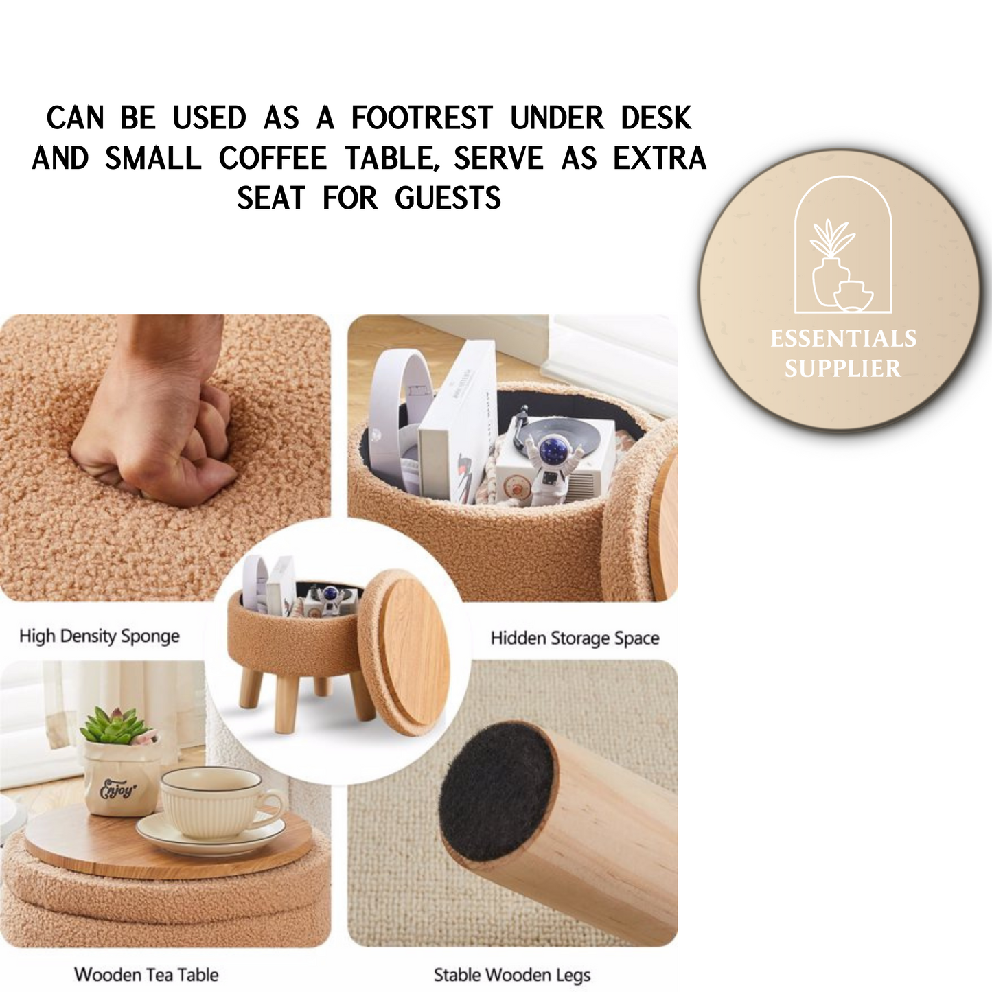 Round Storage Ottoman, Teddy Velvet Footrest with Wood Legs for Living Room, Brown