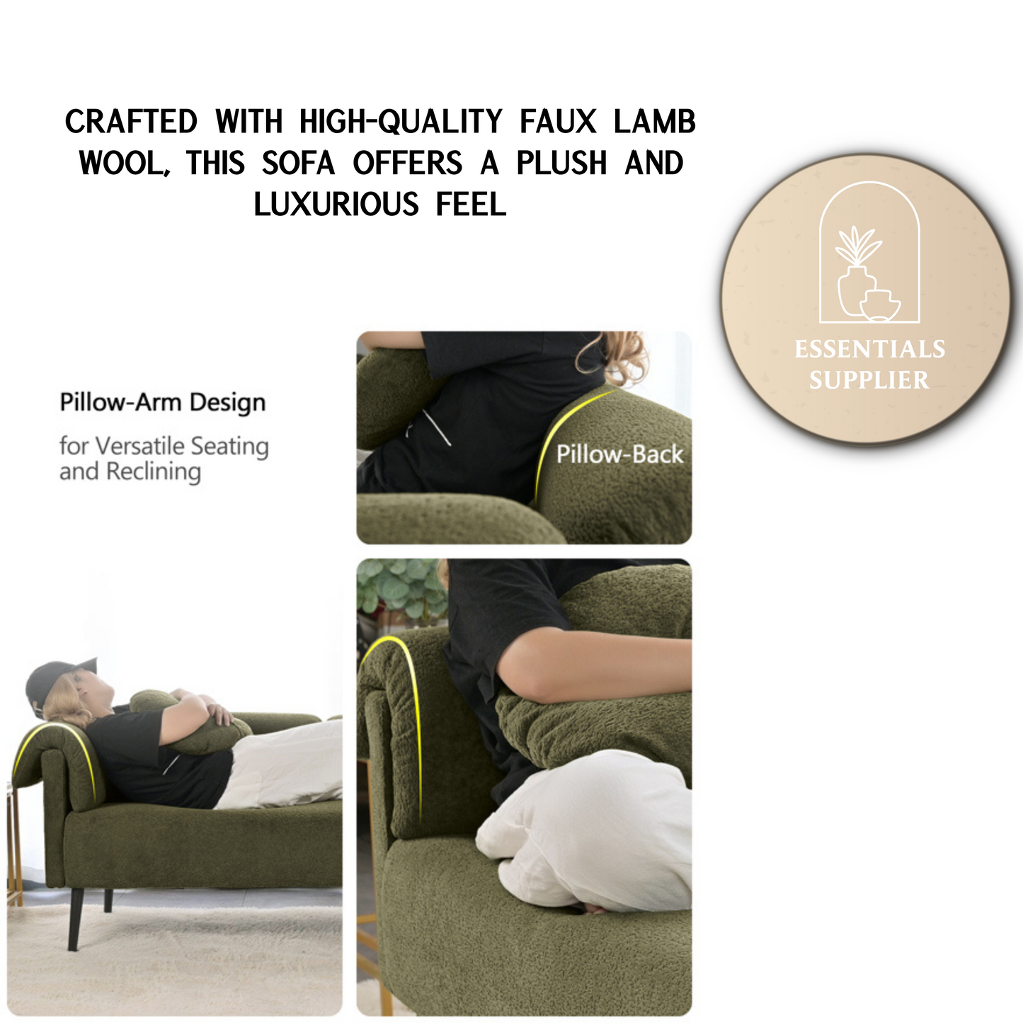 68.5" Modern Lamb Wool Sofa with Pillows for Small Living Spaces