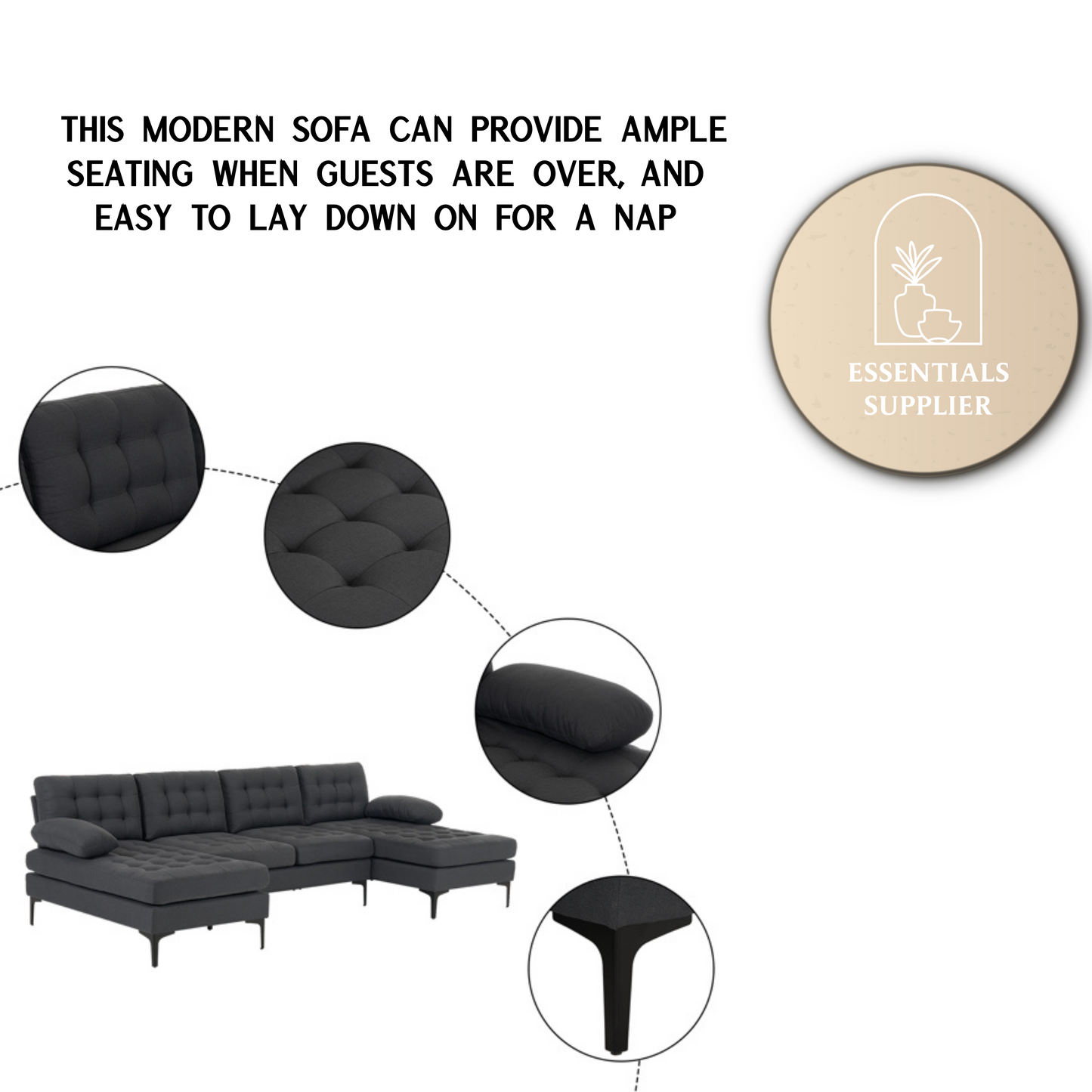 U-Shaped Sectional Sofa – Dark Gray Upholstery, Wooden & Iron Frame with Black L