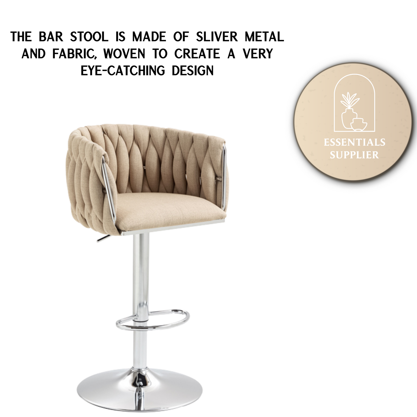Set of 2 360° Swivel Fabric Bar Stools with Woven Back, Adjustable Height, Beige