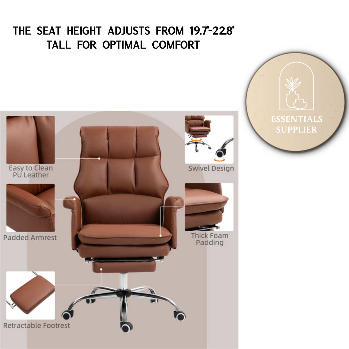 Brown Massage Office Chair with Reclining Back, Footrest & PU Leather Finish
