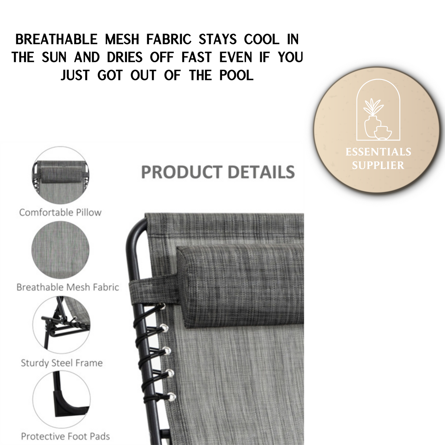 Grey Folding Outdoor Sun Lounger with Adjustable Backrest & Breathable Mesh