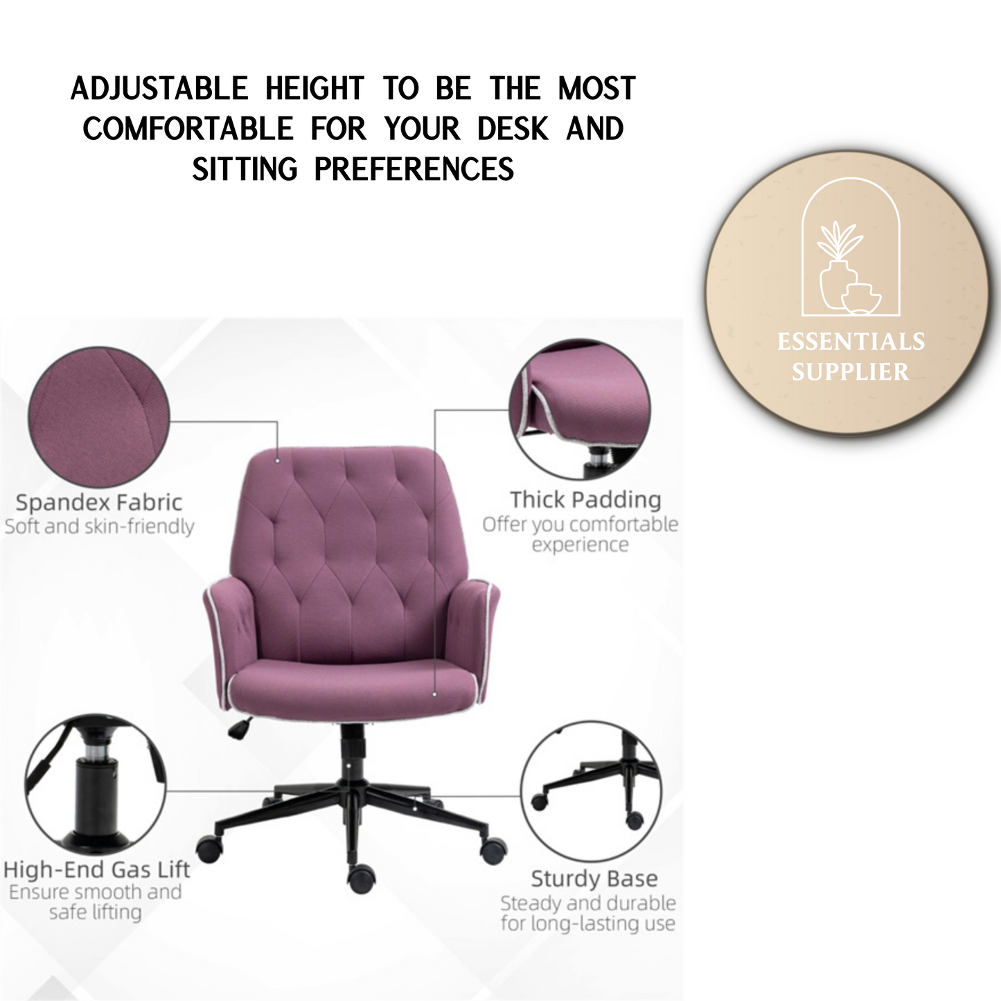 Purple Velvet Office Chair – Adjustable Height with Rocking Back & Armrests