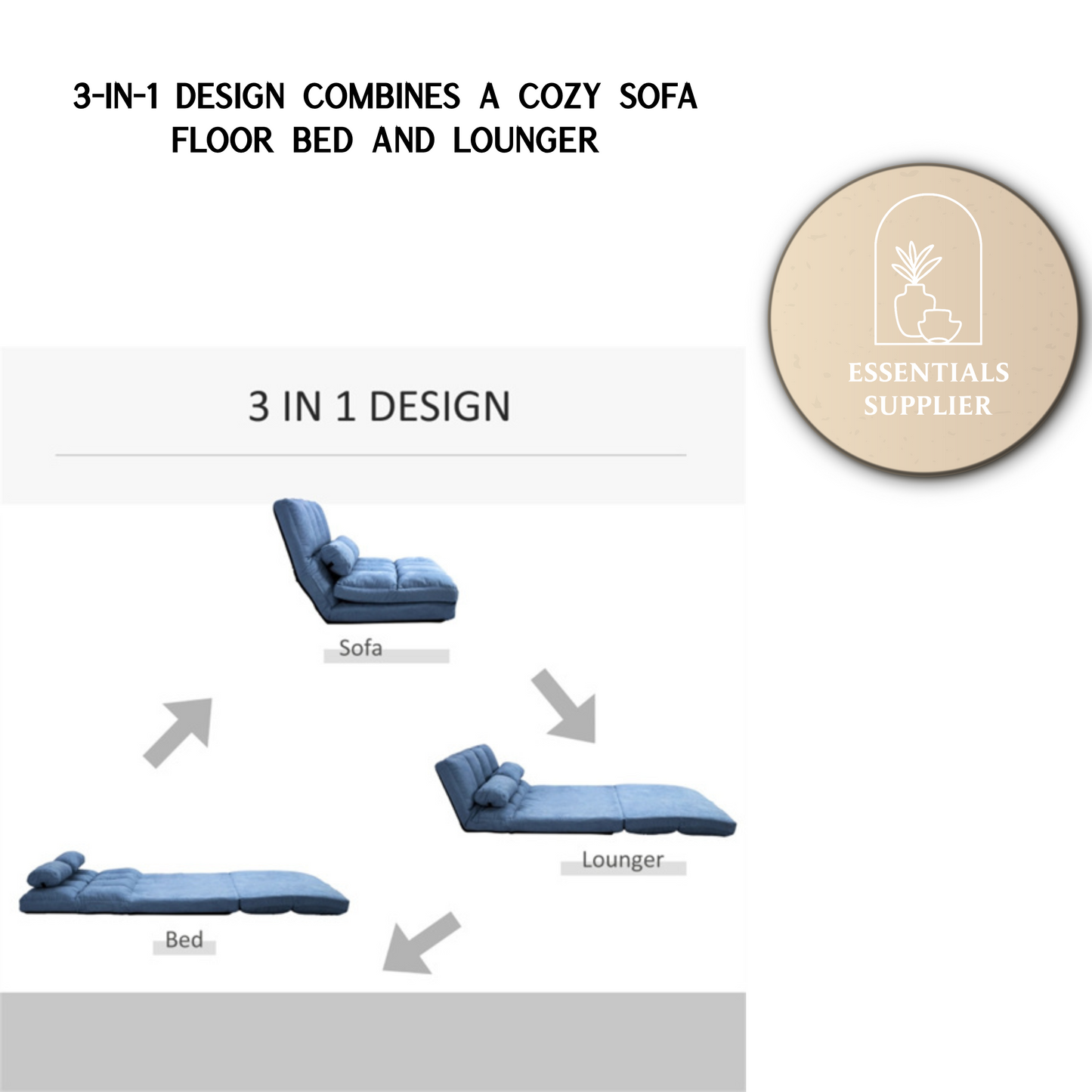 3-in-1 Adjustable Floor Sofa Bed with Backrest & Headrest – Blue