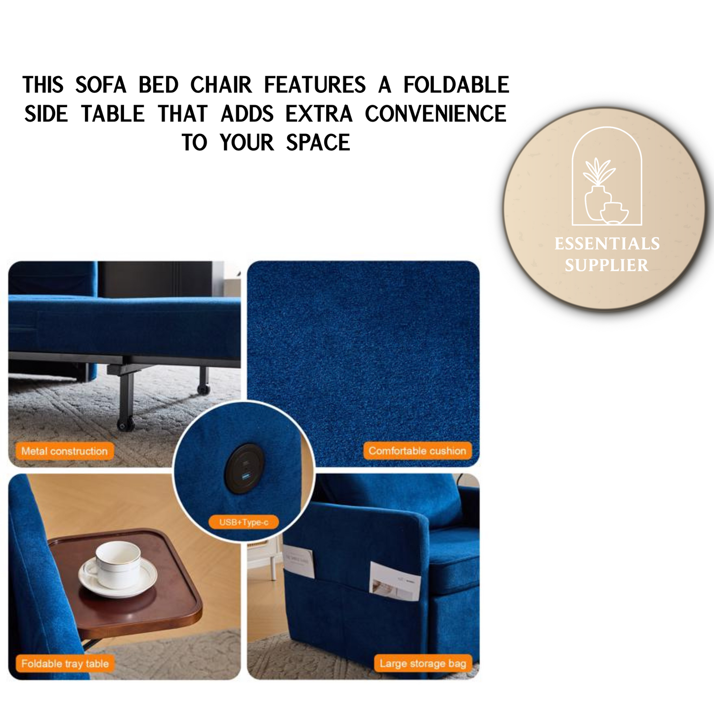 3-in-1 Sleeper Chair Bed with USB Tray, Blue Fabric Convertible Sofa