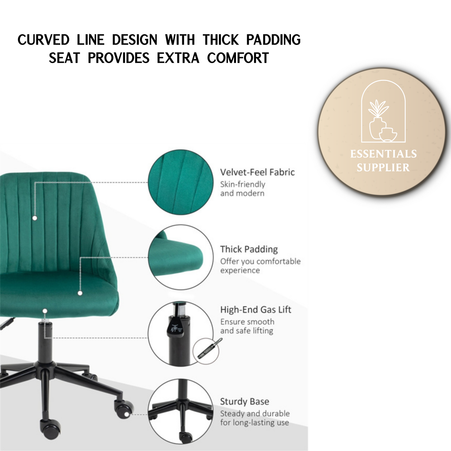 Green Velvet Scallop Swivel Office Chair – Adjustable Height & Chic Design