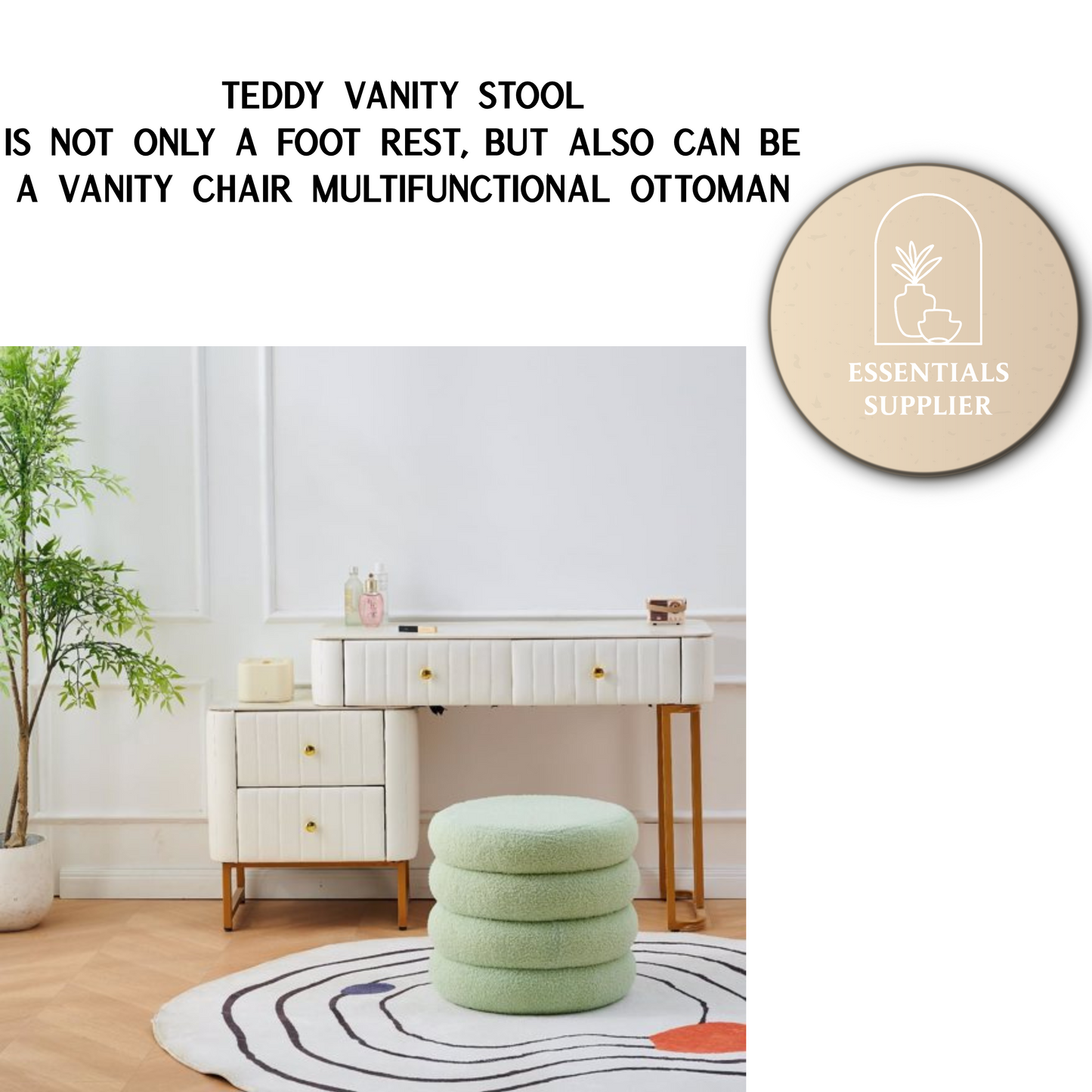 Round Shape Storage Ottoman Stool with Flip Tray, Vanity & Footrest Chair, Green