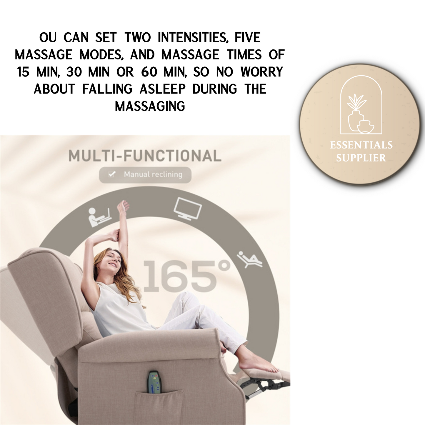 Heated Massage Recliner Chair with Lumbar Support – Manual Pushback, Beige