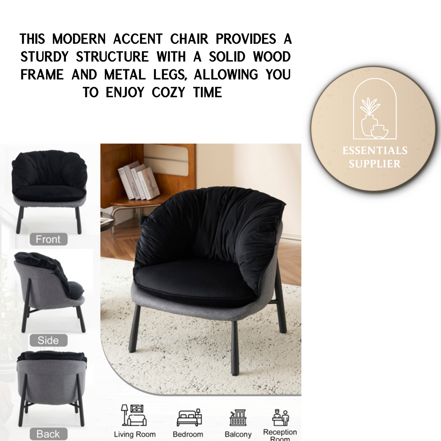 Modern Velvet Barrel Accent Chair with Metal Legs – Black Armchair