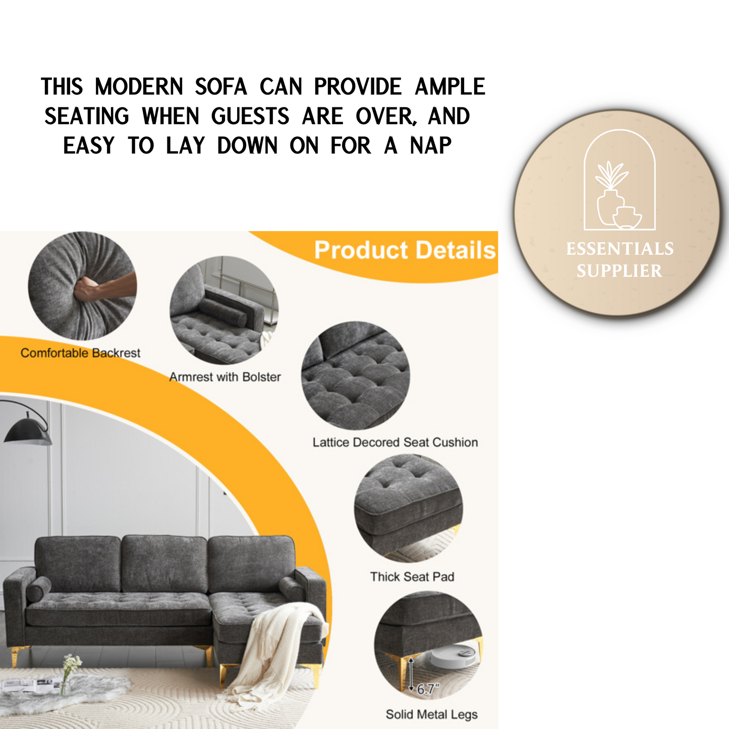 3-Seater Chenille Modular Sofa with Footstool, Gold Legs – Dark Gray