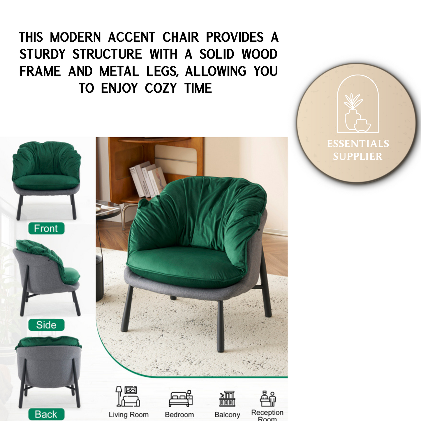Modern Velvet Barrel Accent Chair with Metal Legs – Green Armchair