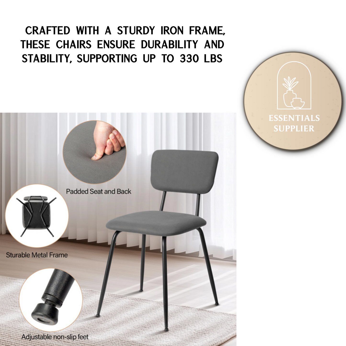 Set of 4 Modern Grey Padded Dining Chairs for Kitchen, Bar & Office Use