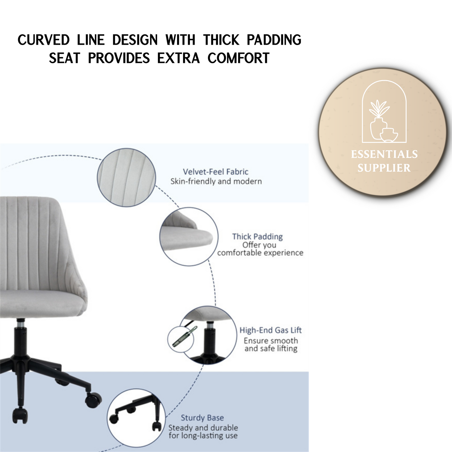 Grey Velvet Scallop Swivel Office Chair – Adjustable Height & Chic Design