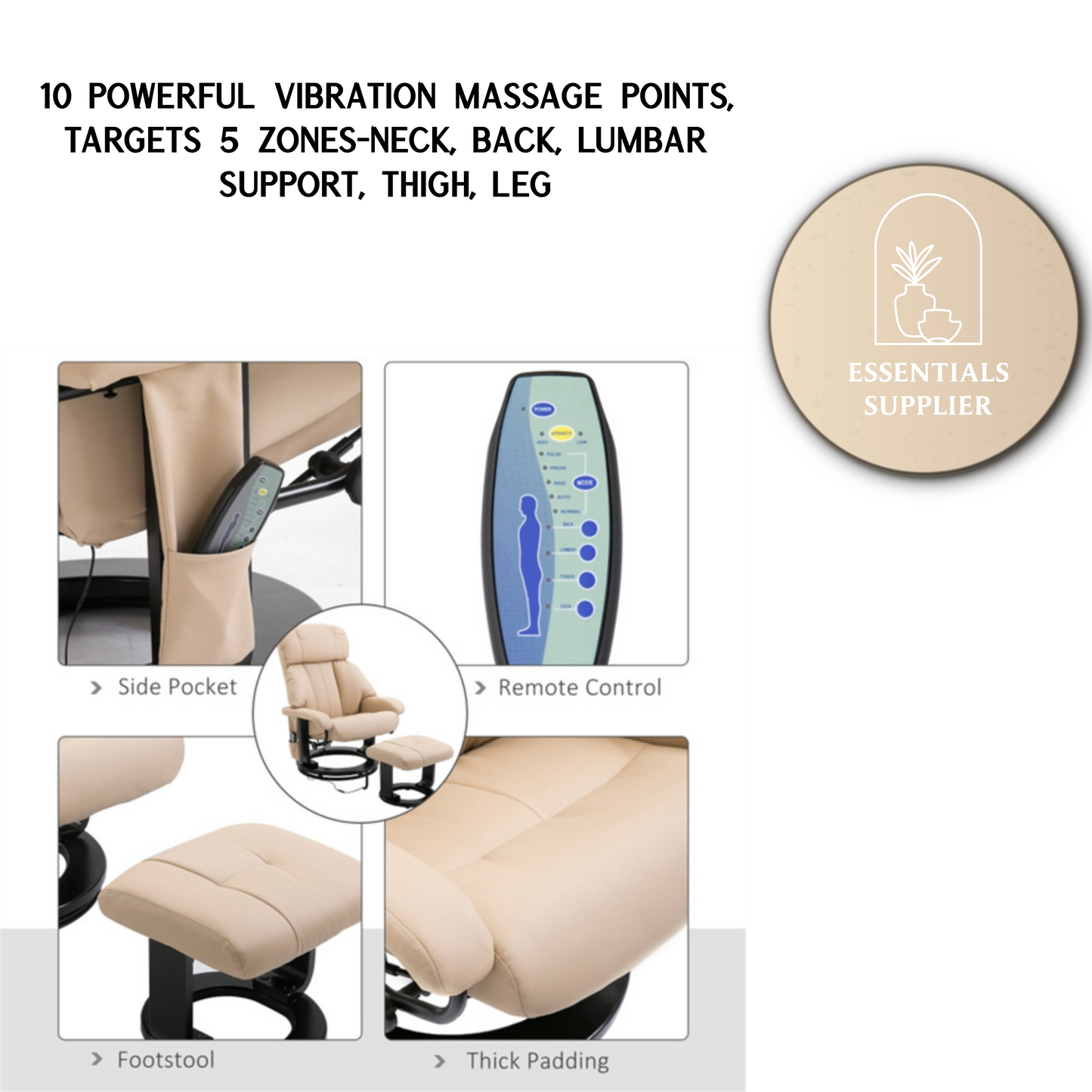 PU Leather Massage Recliner Chair with Ottoman & Remote, Beige