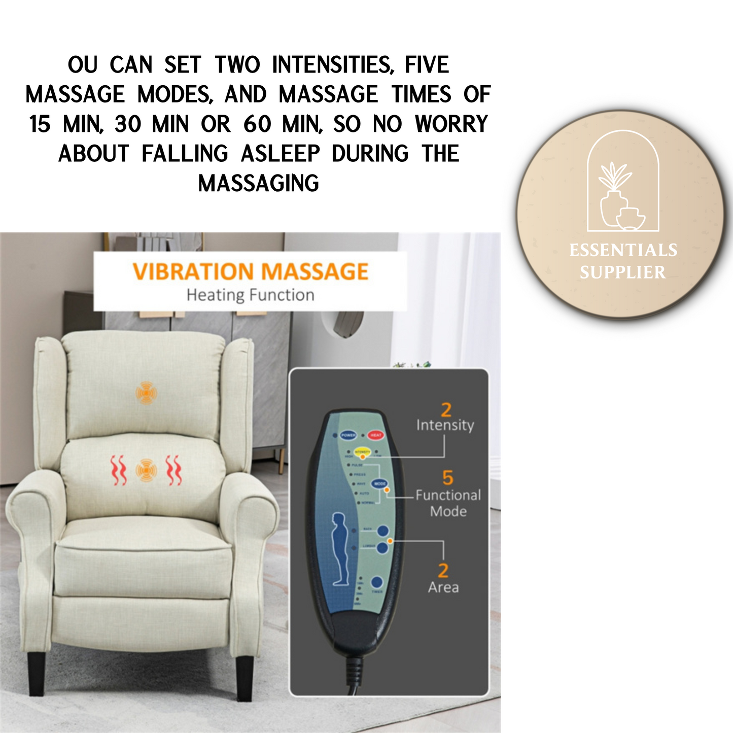 Heated Massage Recliner Chair with Lumbar Support – Manual Pushback, Off White