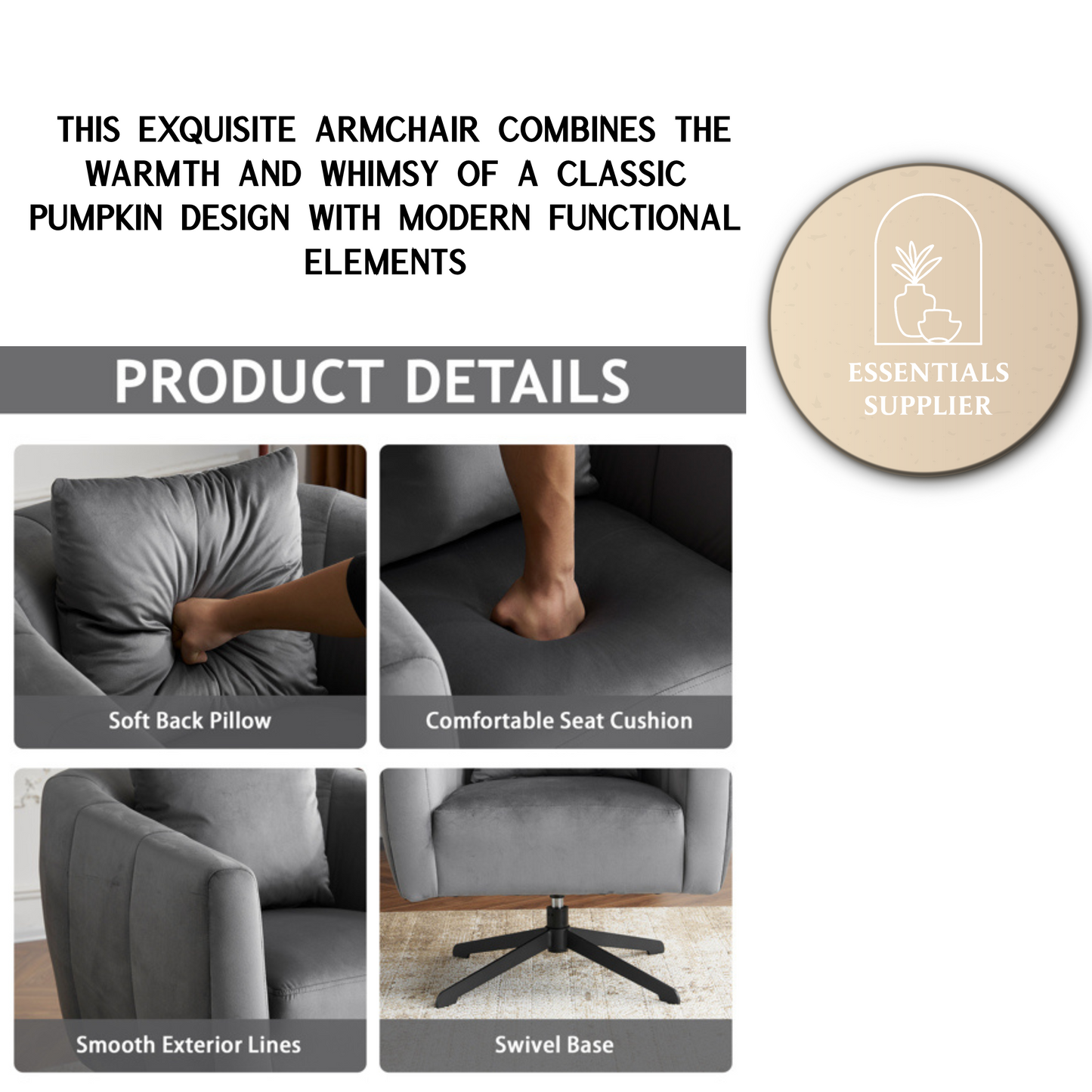 360° Swivel Velvet Accent Chair with Fluffy Cushion – Gray