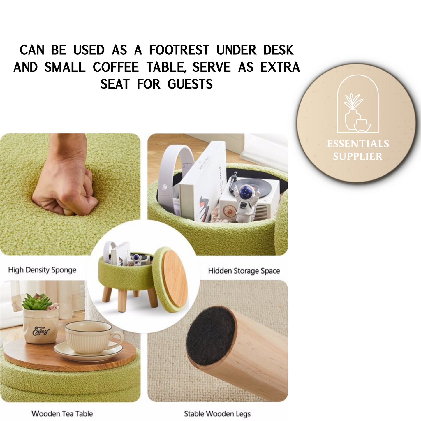 Round Storage Ottoman, Teddy Velvet Footrest with Wood Legs for Living Room, Green