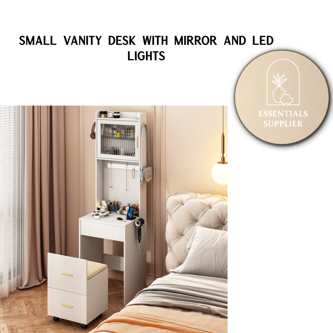 Compact Vanity Desk with Mirror, LED Lights, Charging Station & Stool, White
