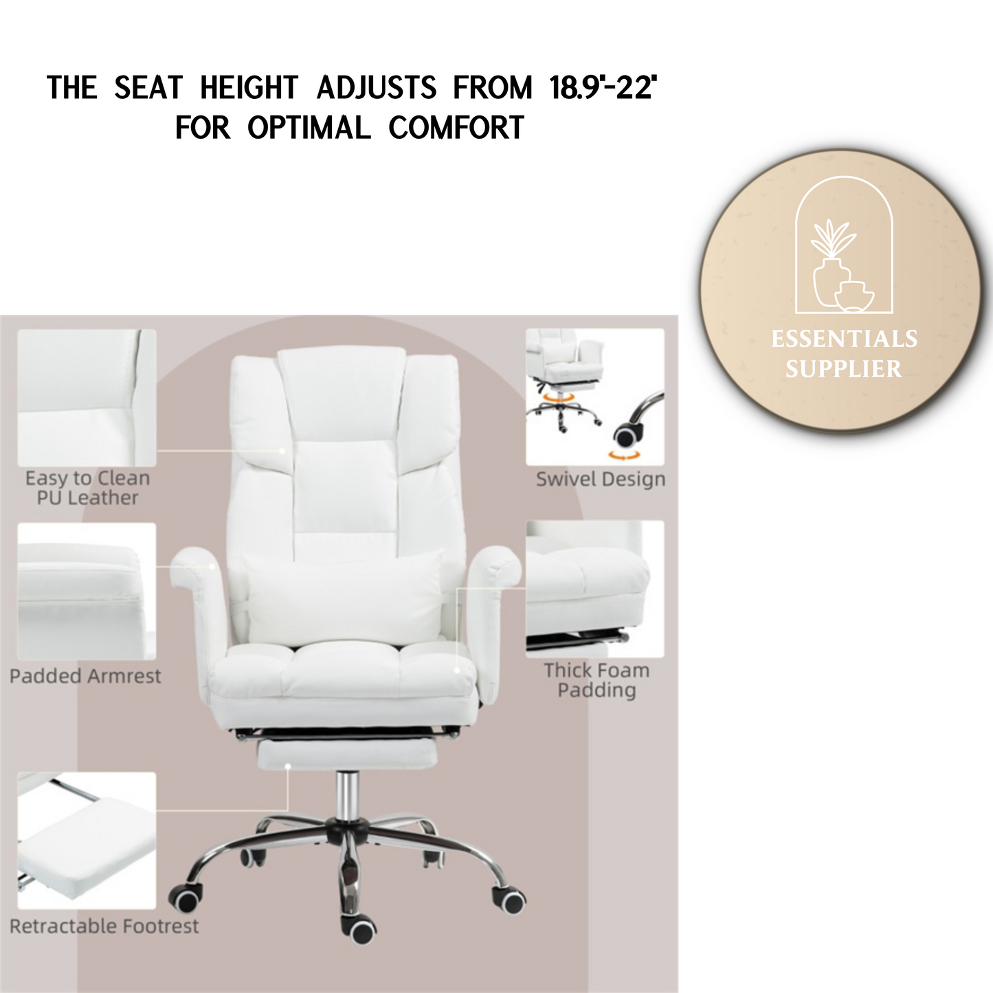 White Massage Office Chair with Reclining Back, Footrest & PU Leather Finish
