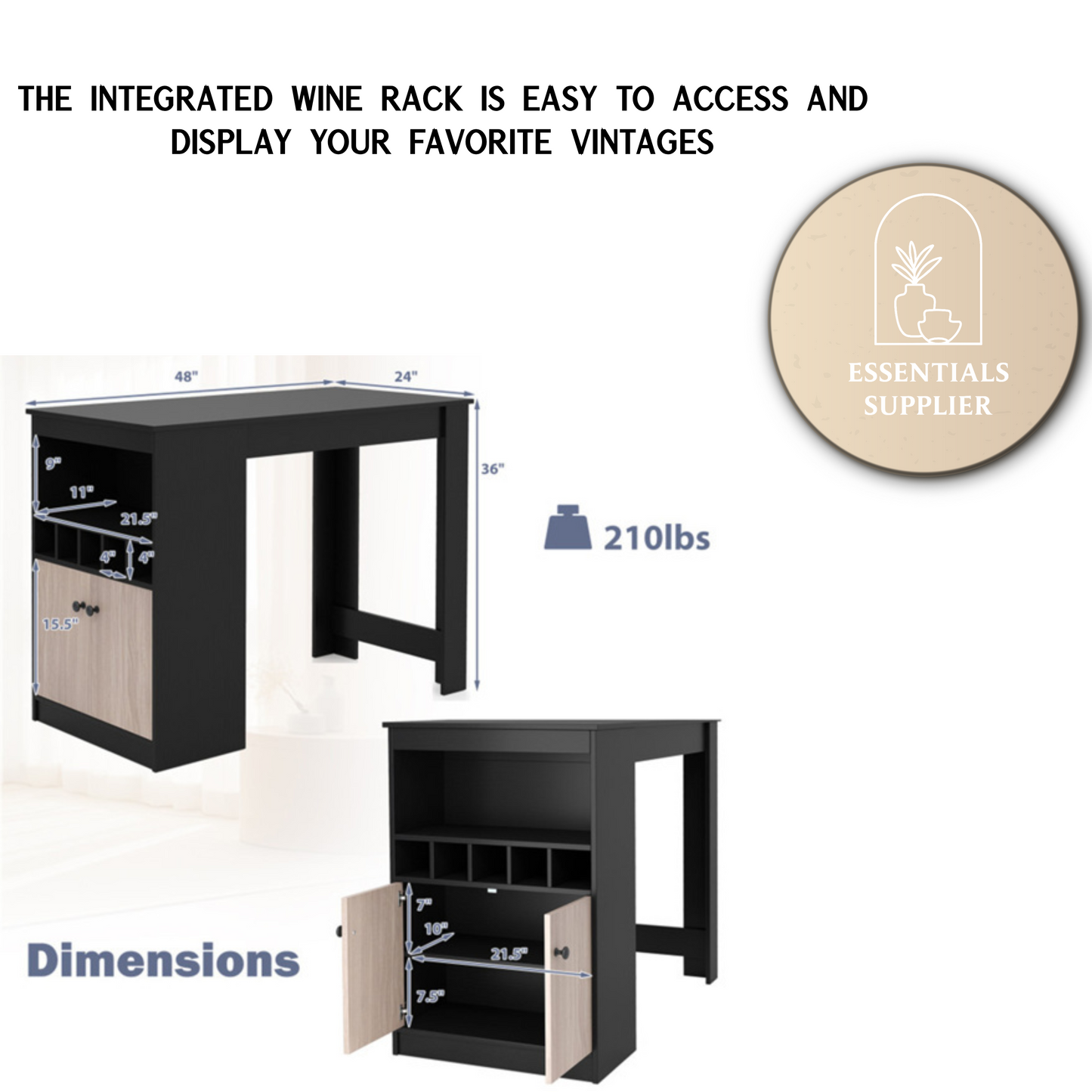 48" Black Kitchen Bar Table with Storage Cabinet and Built-In Wine Rack