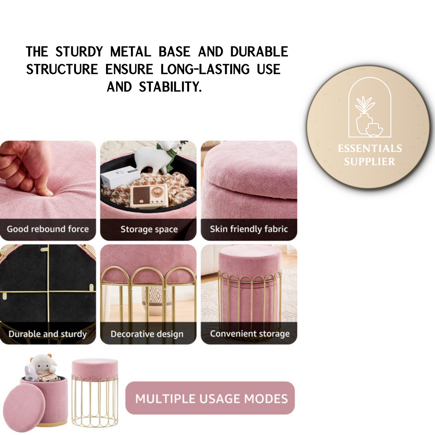 Set of 2 Round Velvet Storage Ottomans with Removable Lids – Pink