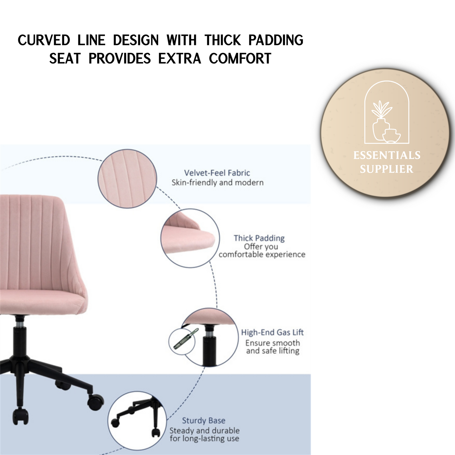 Pink Velvet Scallop Swivel Office Chair – Adjustable Height & Chic Design