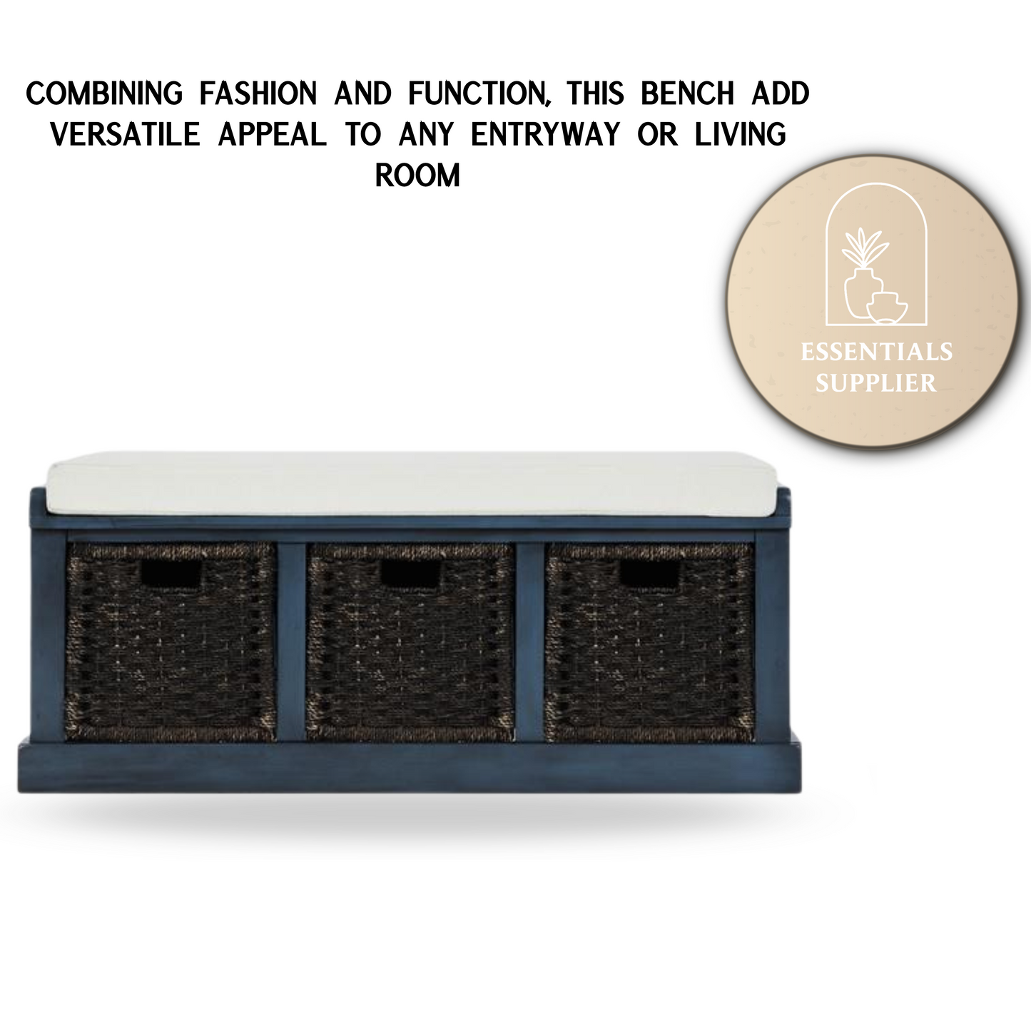 Rustic Entryway Storage Bench with 3 Rattan Baskets & Cushion, Antique Navy