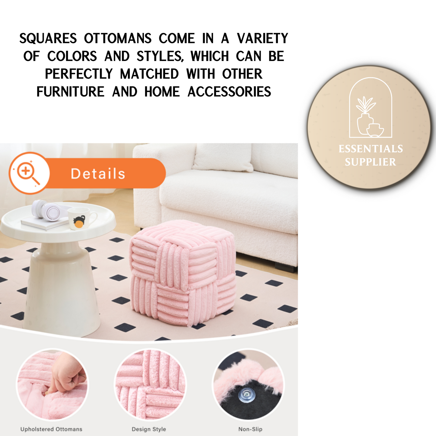 Pink Corduroy Ottoman Vanity Stool – Square Footrest for Bedroom & Entryway