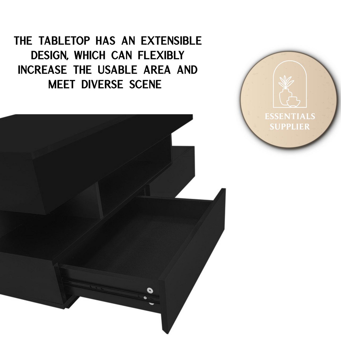 Black High-Gloss Coffee Table with Drawers, Extendable Top & 16-Color LED Lights