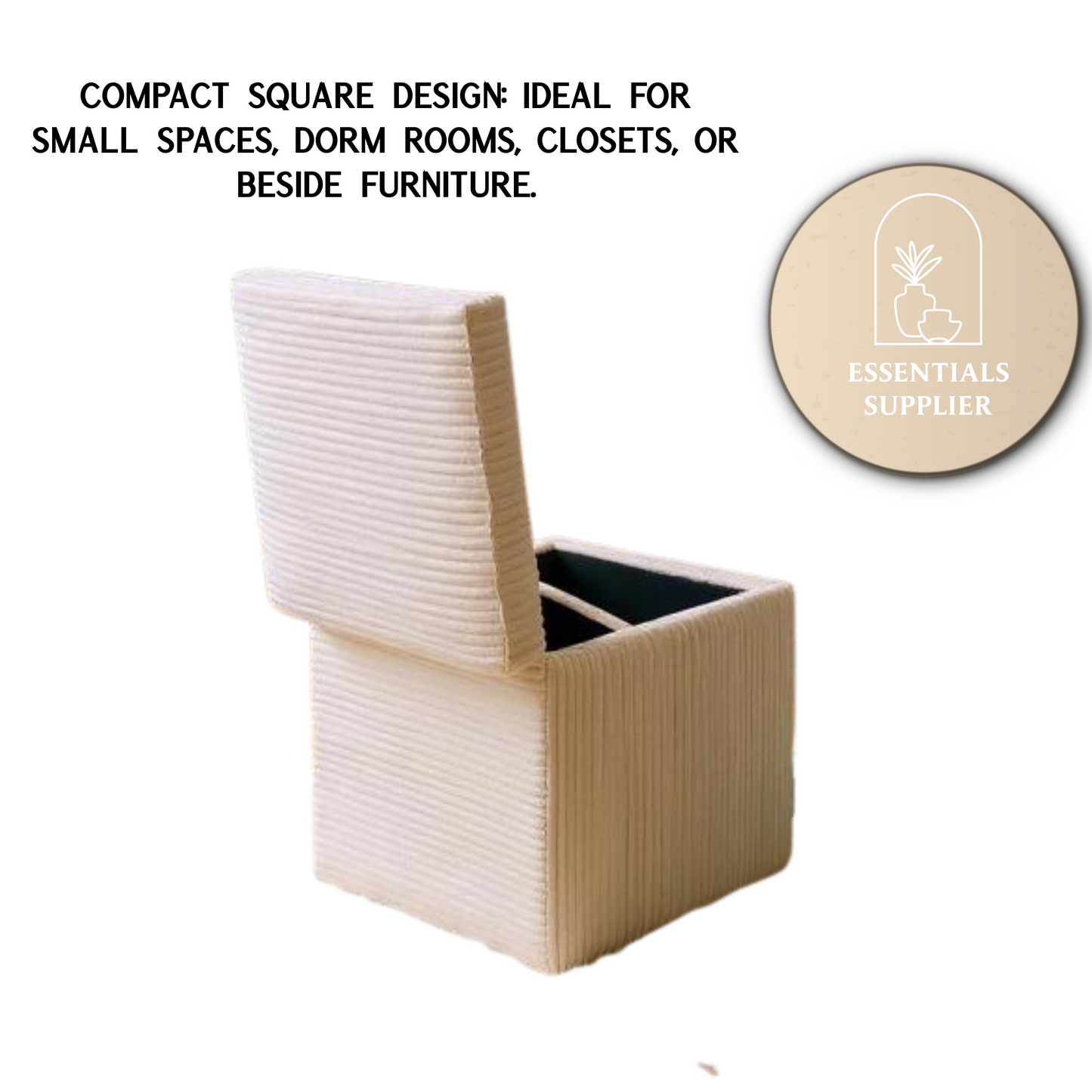 Beige Corduroy Storage Ottoman with Hidden Compartment – 16.5” Cube Seat